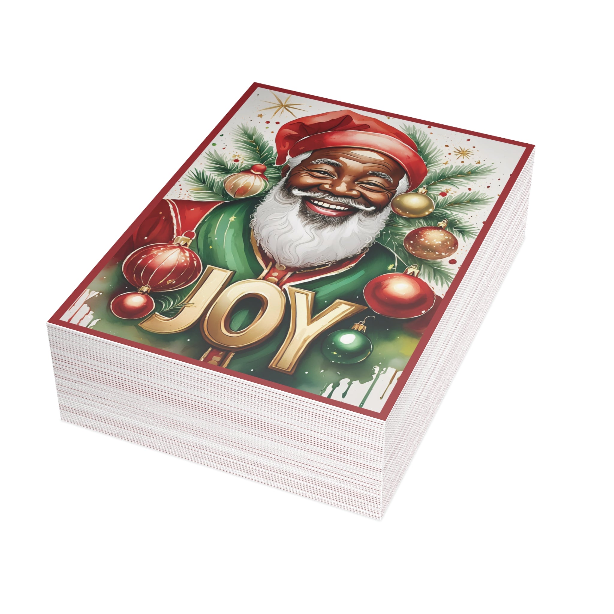 Black Santa Christmas Card with the word “JOY,” featuring an African American Santa Claus design, festive Afrocentric holiday greeting card with envelope. (50 cards)