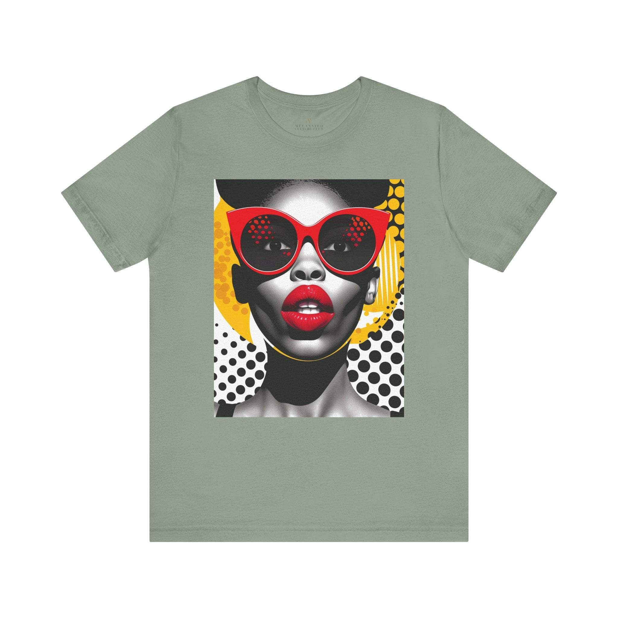 Black Woman Shock Pop Art Tee Shirt featuring an Afrocentric retro comic style illustration of a surprised Black woman. Bold psychedelic colors and vintage streetwear design celebrating African American fashion and expressive art.