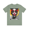Black Woman Shock Pop Art Tee Shirt featuring an Afrocentric retro comic style illustration of a surprised Black woman. Bold psychedelic colors and vintage streetwear design celebrating African American fashion and expressive art.