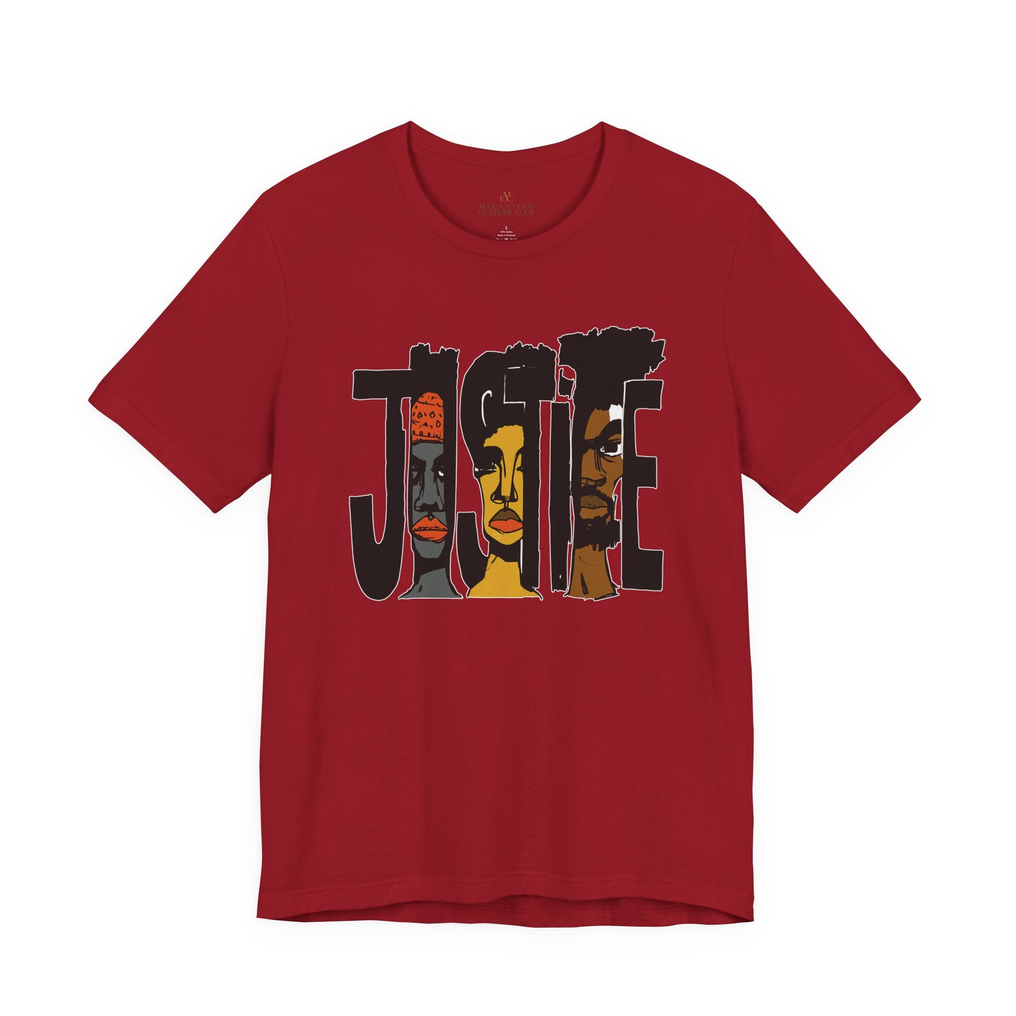 A red short-sleeve crewneck t-shirt featuring a graphic print of the word 'JUSTICE' filled with stylized illustrations of African American faces in black, brown, and orange tones.