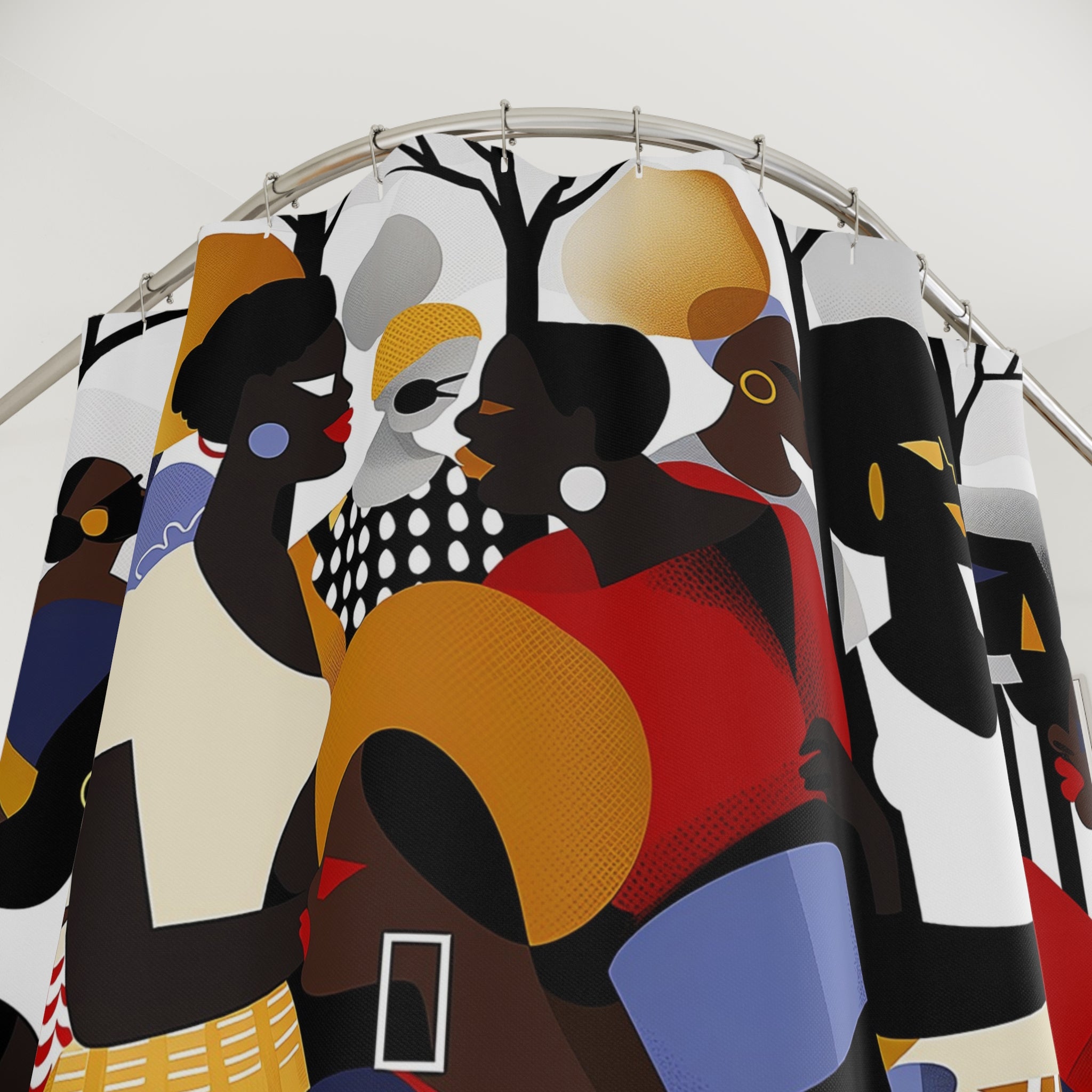 Juneteenth Shower Curtain featuring Afrocentric pop art design of a Black family enjoying an outdoor park celebration, with bright, bold abstract colors and modern cultural style.