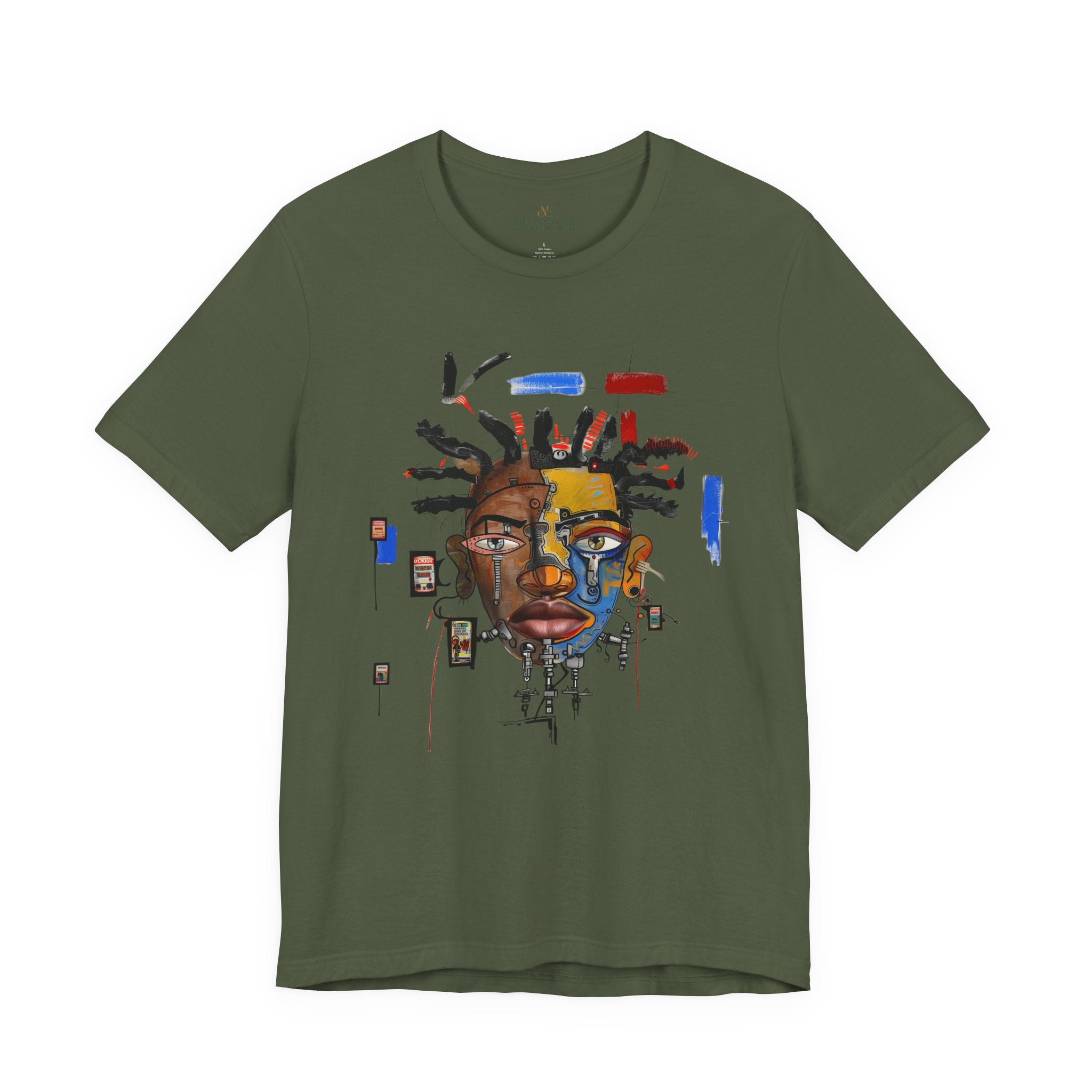 Abstract Afrocentric t-shirt featuring a split-face portrait of a Black man, half human and half robot, with expressive facial features and futuristic mechanical details in an Afrofuturism art style. Series 03