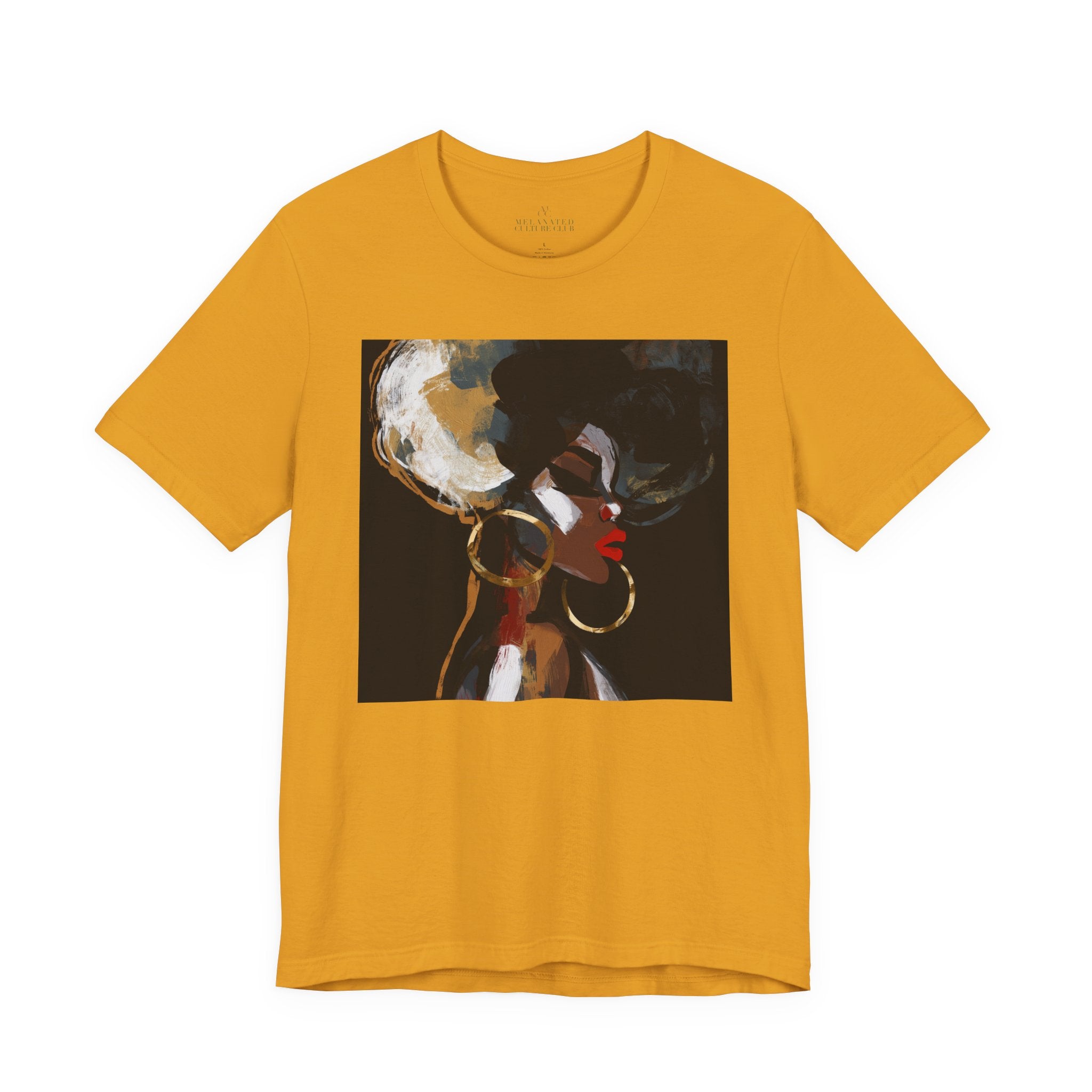 A mustard yellow short-sleeve crewneck t-shirt featuring a square graphic print of an abstract portrait of a Black woman with large hoop earrings on a black background.