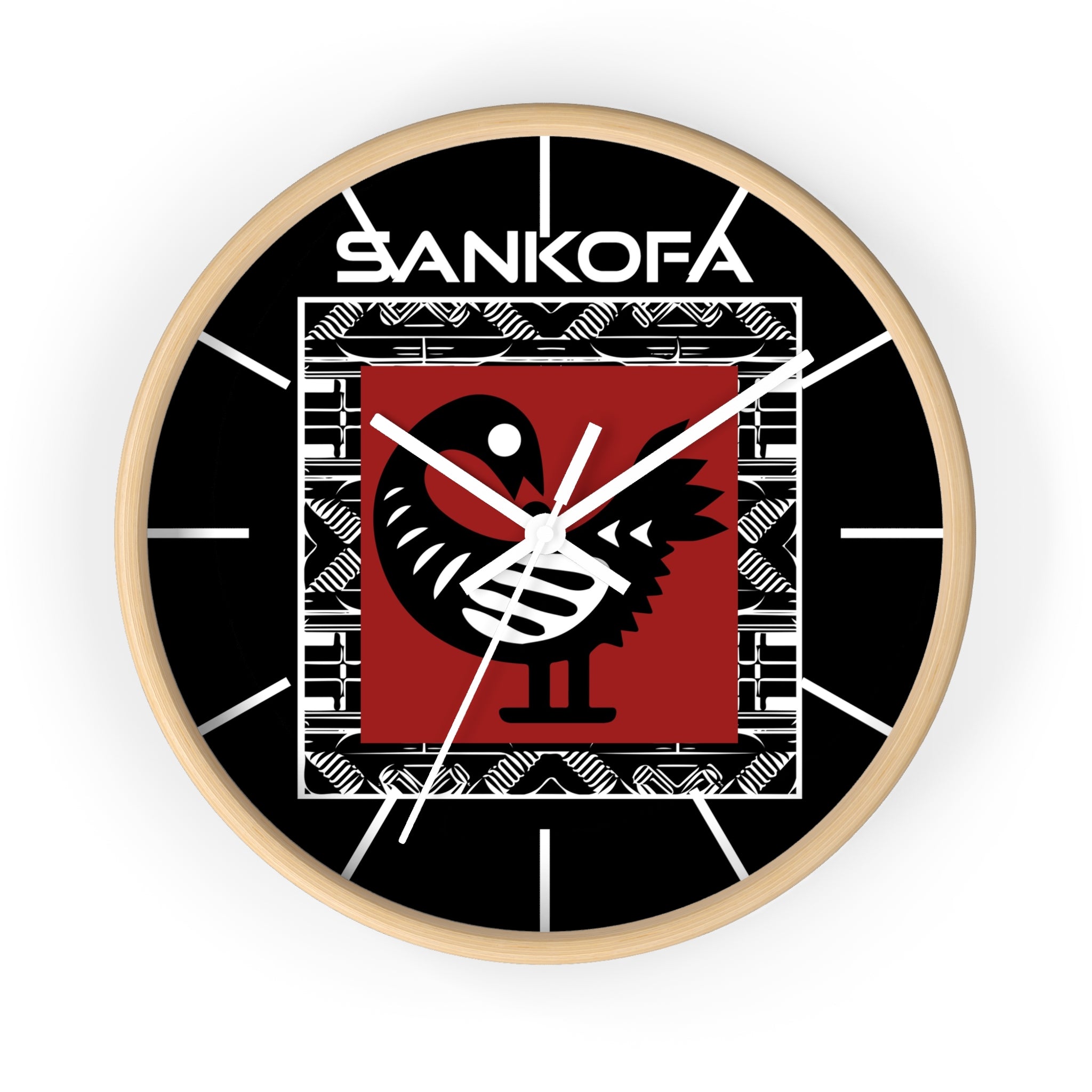 Adinkra Sankofa Wall Clock featuring the Ghanaian “Go Back and Get It” bird symbol. Afrocentric wall decor celebrating African heritage and ancestral wisdom.