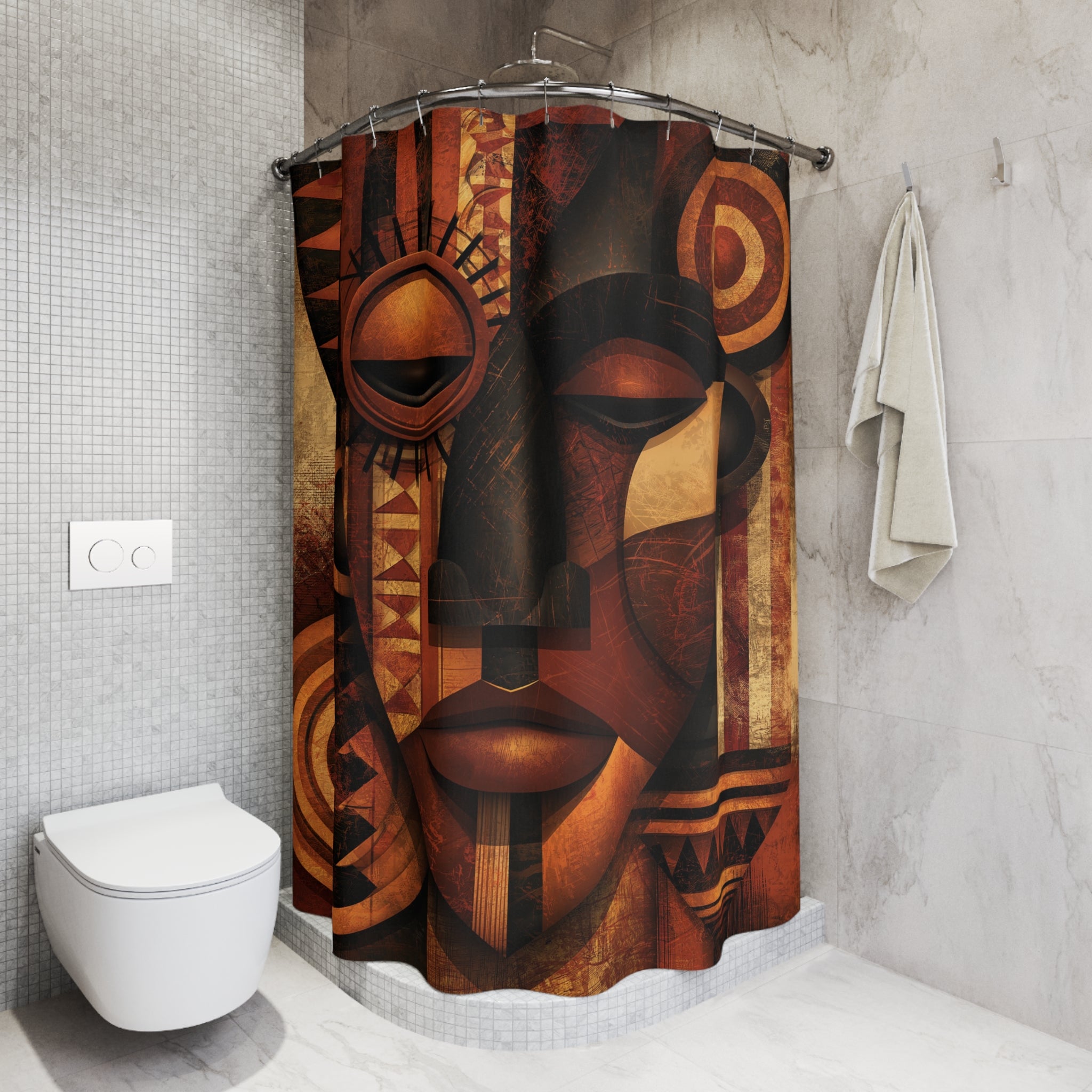 African Mask Abstract Shower Curtain hanging on a curved shower rod, shower stall only.