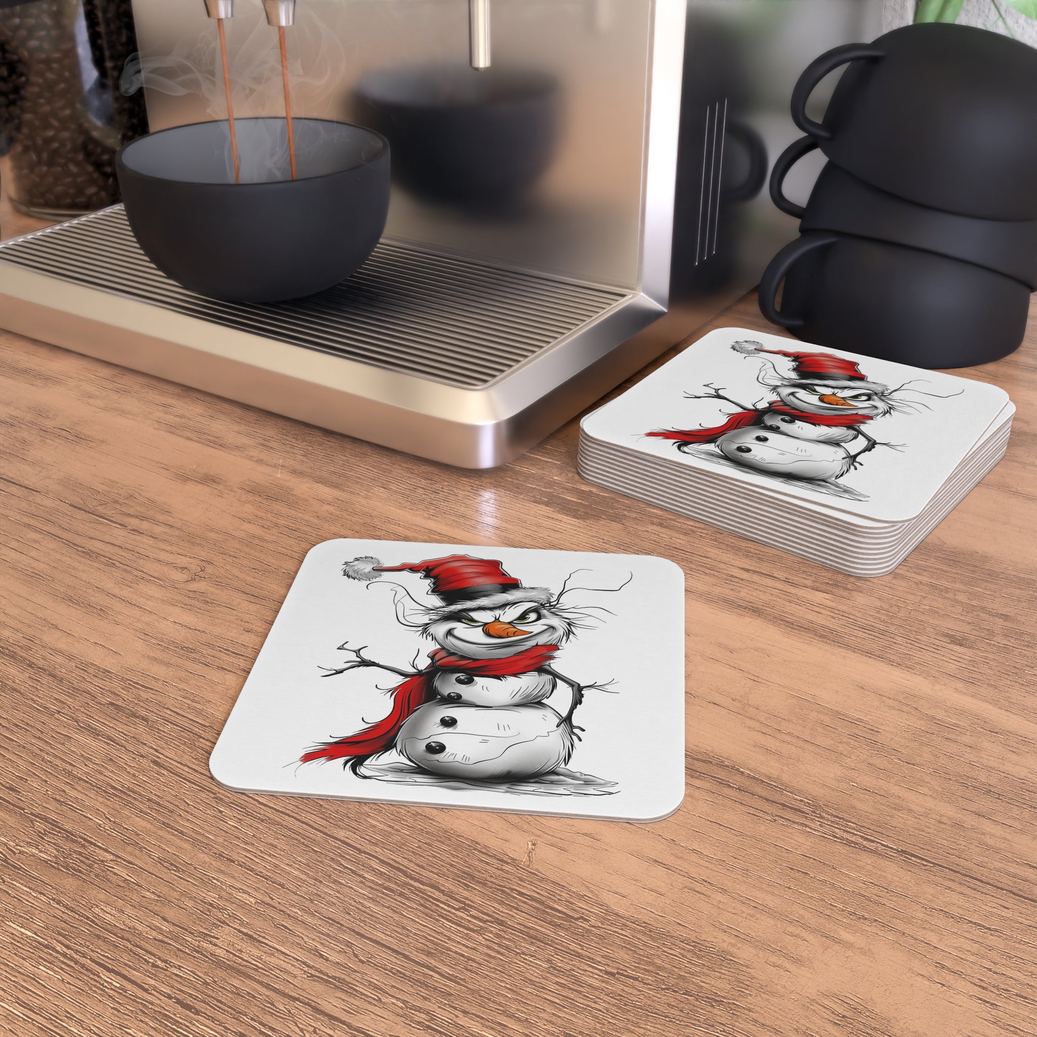 Holiday Grinch Snowman Coasters featuring a mischievous snowman design with a Grinch-like grin, perfect for Christmas holiday barware, festive table decor, and party essentials.