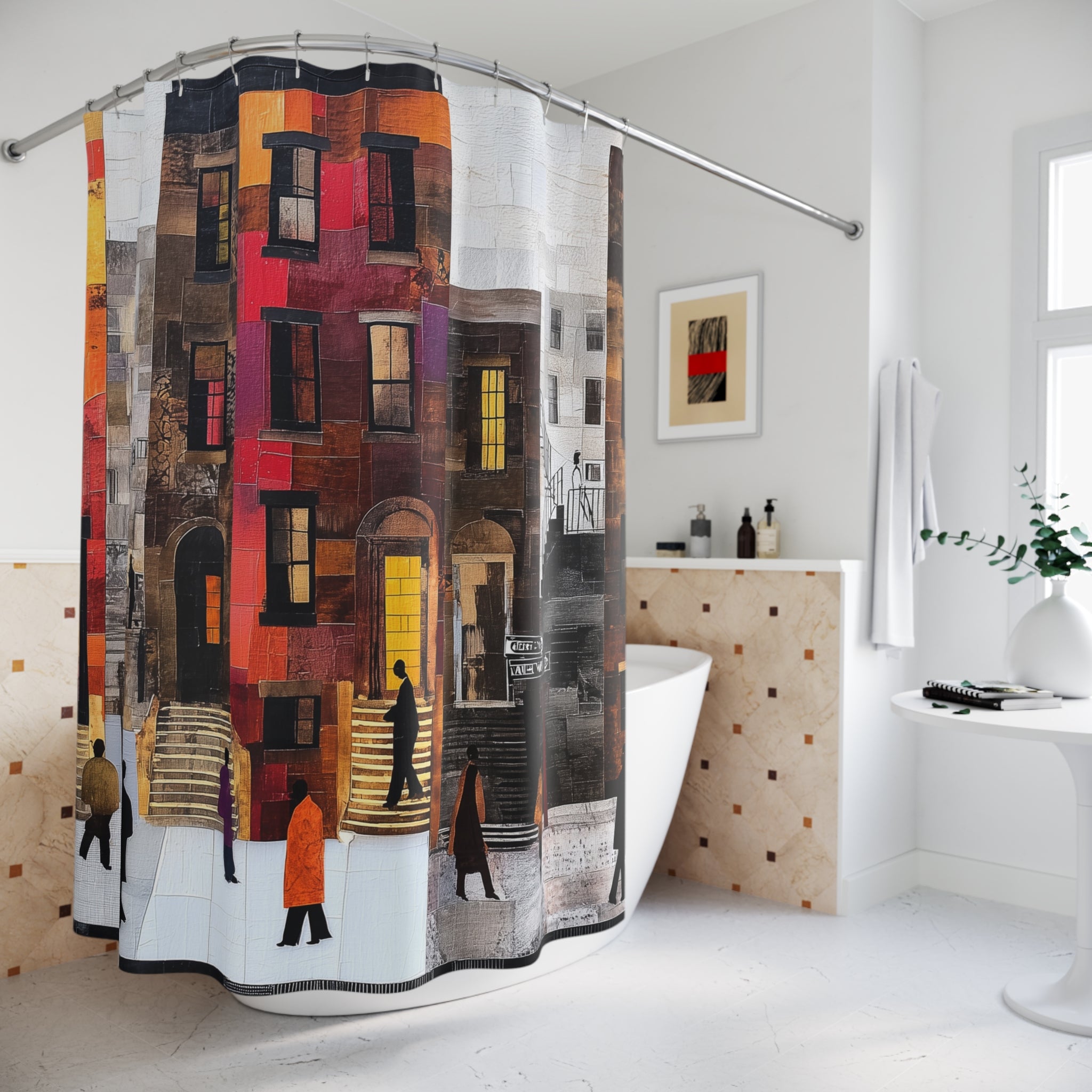 Afrocentric shower curtain featuring Harlem brownstones with Black neighbors gathering on a vibrant street scene inspired by historic NYC community life.