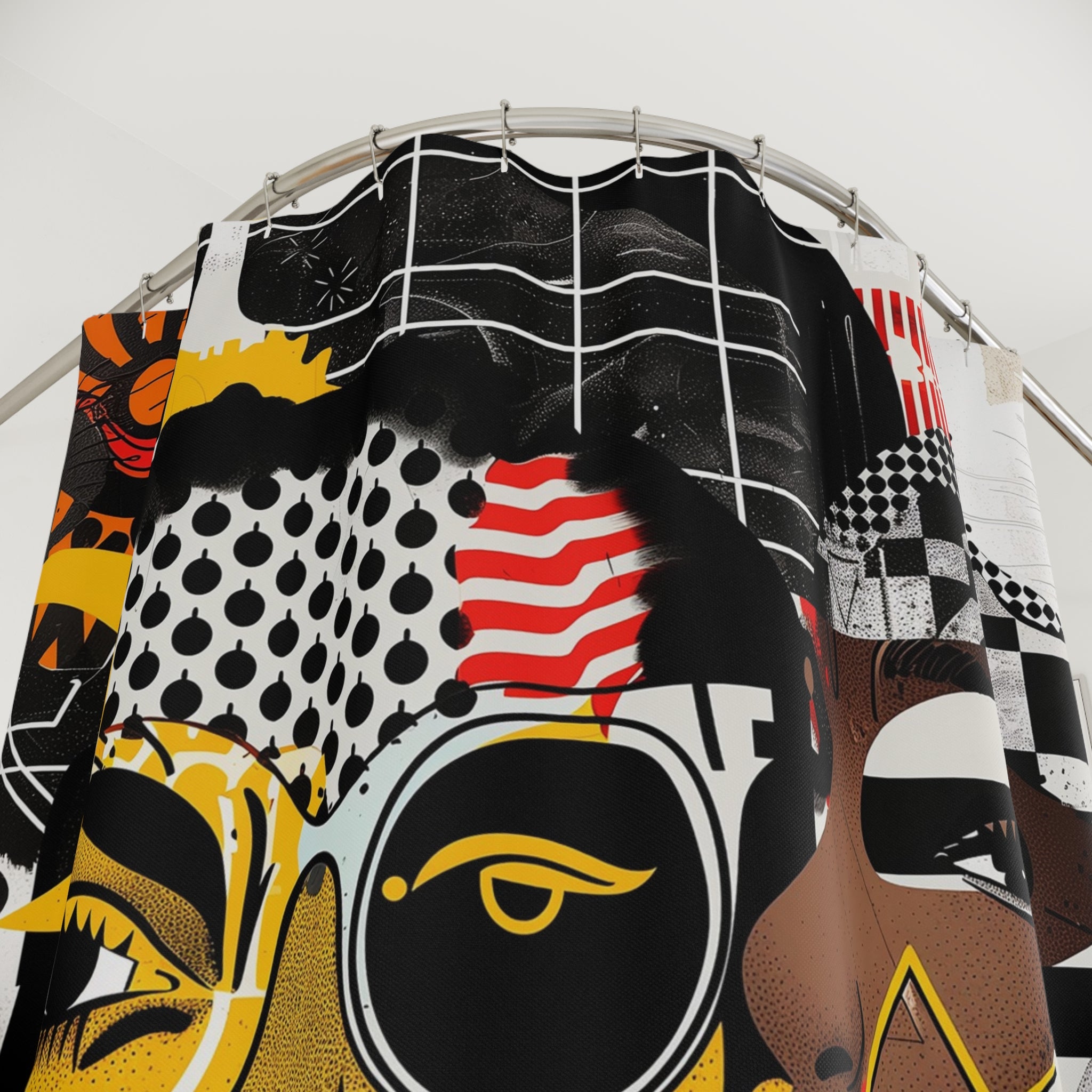 Soul Sisters abstract shower curtain featuring a modern pop art collage of two Black women celebrating sisterhood, Afrocentric style, and bold contemporary bathroom décor.