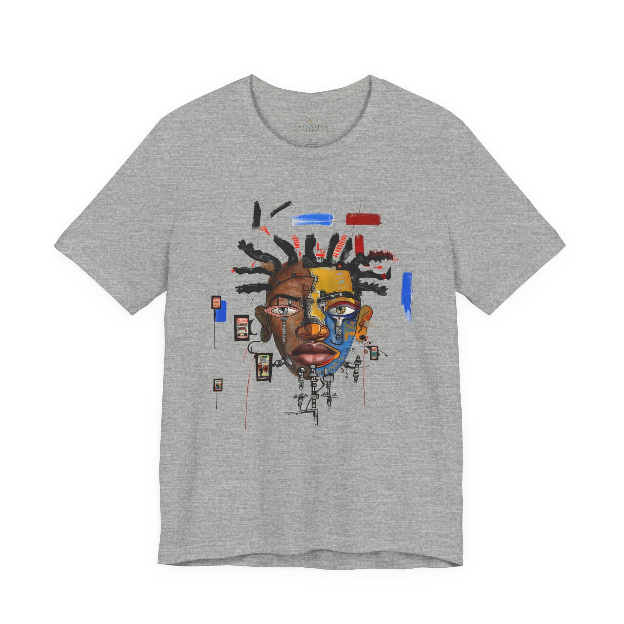 Abstract Afrocentric t-shirt featuring a split-face portrait of a Black man, half human and half robot, with expressive facial features and futuristic mechanical details in an Afrofuturism art style. Series 03