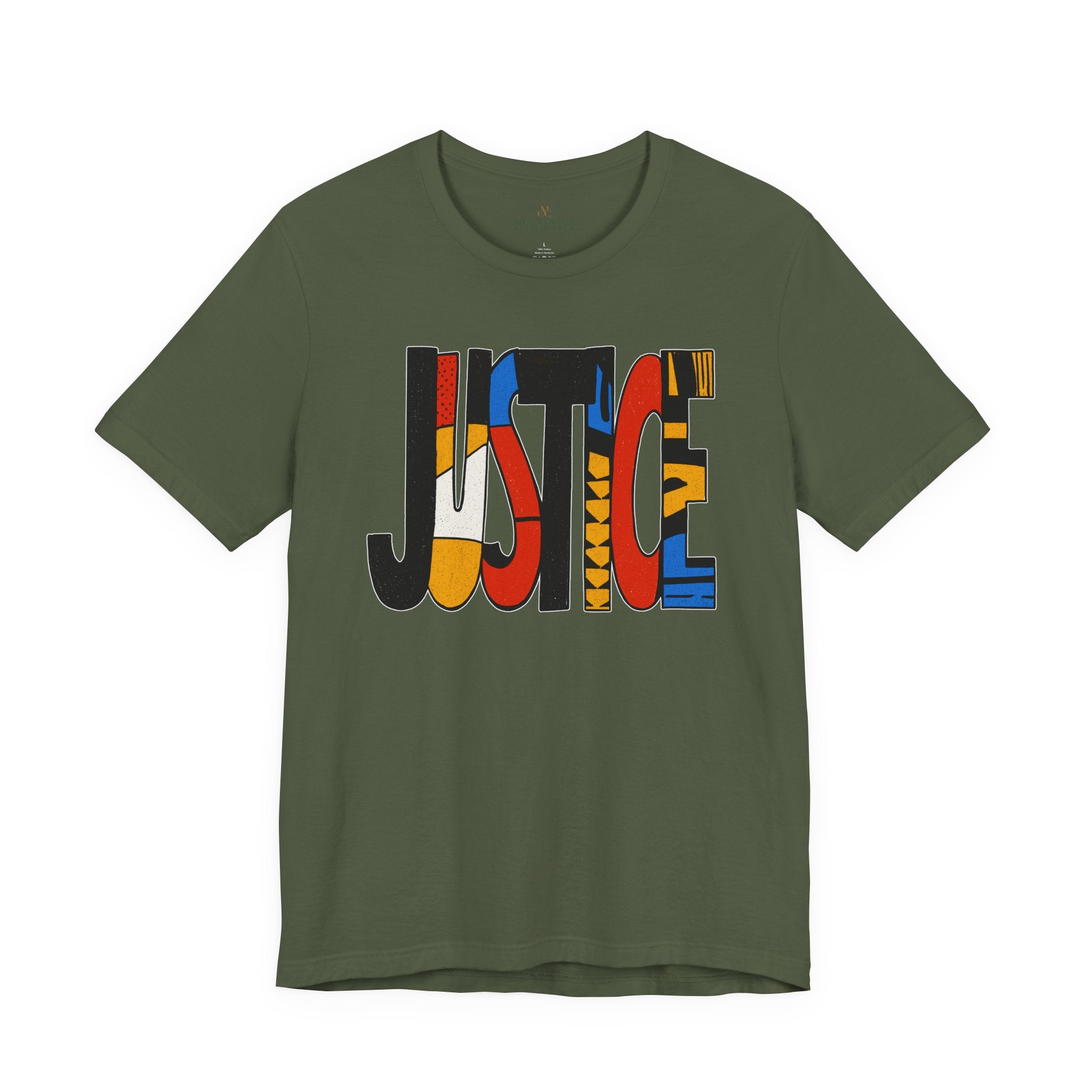 An olive green short-sleeve t-shirt with a large graphic on the chest spelling 'JUSTICE' in stacked, colorful geometric blocks of black, red, orange, yellow, and blue, shown against a plain white background.
