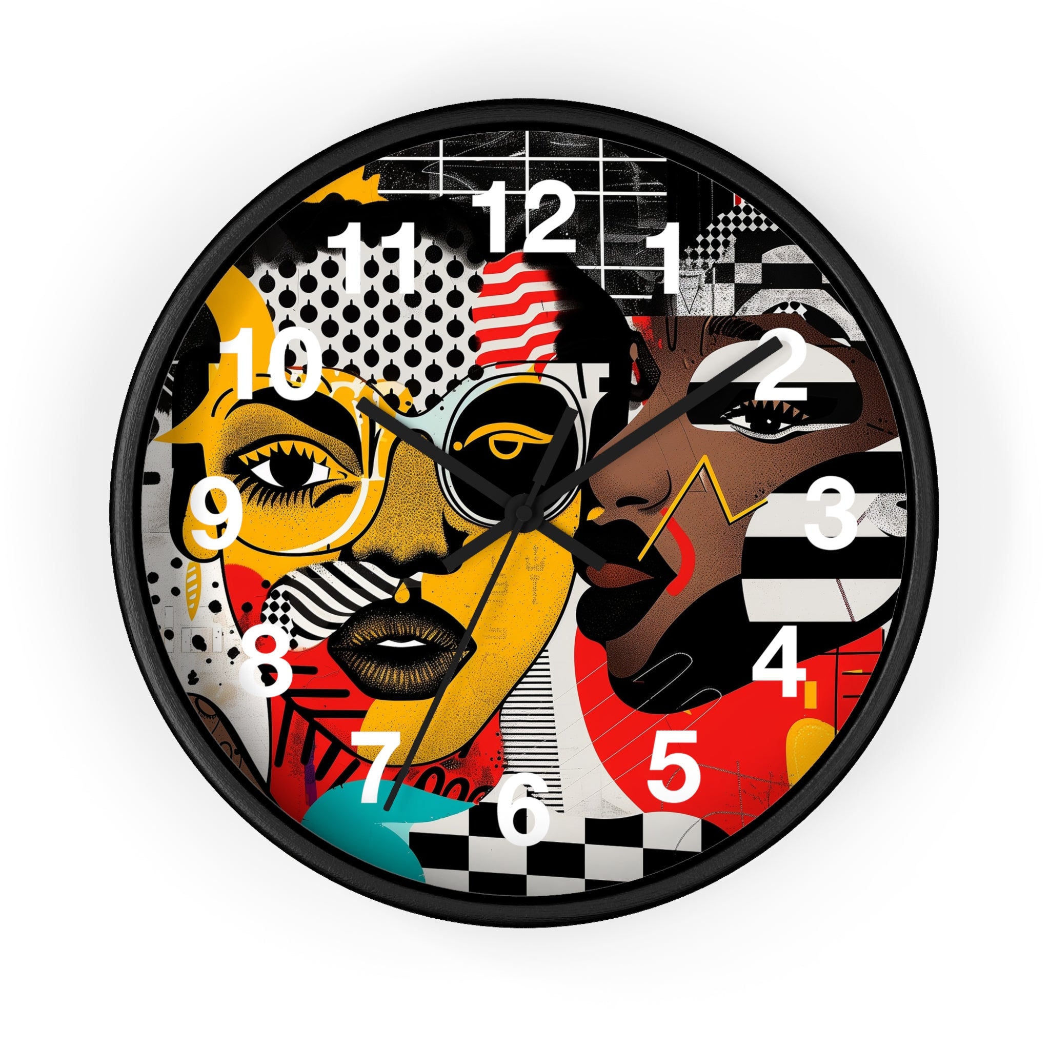 Black Women Pop Art Round Wall Clock featuring an abstract Soul Sister design in bold, colorful pop art style. Afrocentric wall decor with vibrant modern art aesthetic.