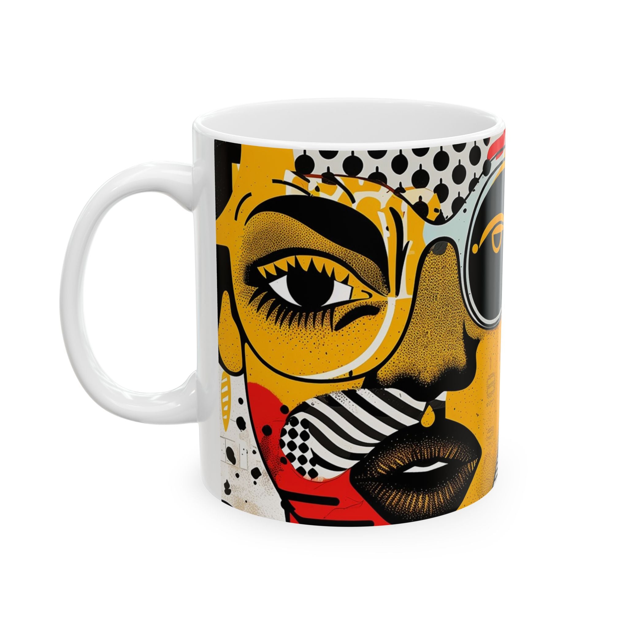 Coffee mug featuring two soulful Black sisters in colorful abstract Afrocentric collage artwork with bold pop art, graffiti-inspired textures, and vibrant contemporary styling.  11 oz size, left  handle view.