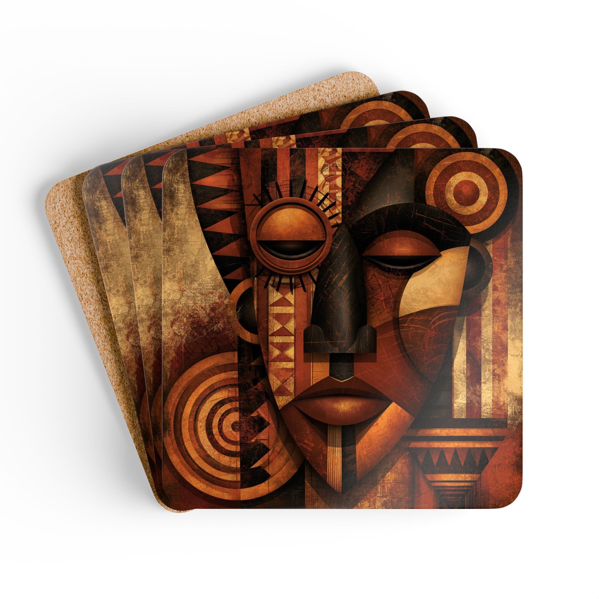 Set of four African Mask beverage coasters featuring vibrant Afrocentric artwork with cork backing, perfect for protecting tables while adding African American cultural style to living rooms, coffee tables, kitchens, and home bars.