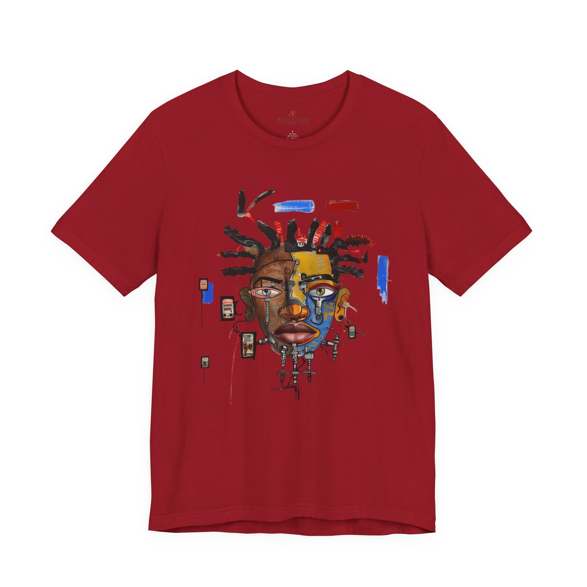 Abstract Afrocentric t-shirt featuring a split-face portrait of a Black man, half human and half robot, with expressive facial features and futuristic mechanical details in an Afrofuturism art style. Series 03