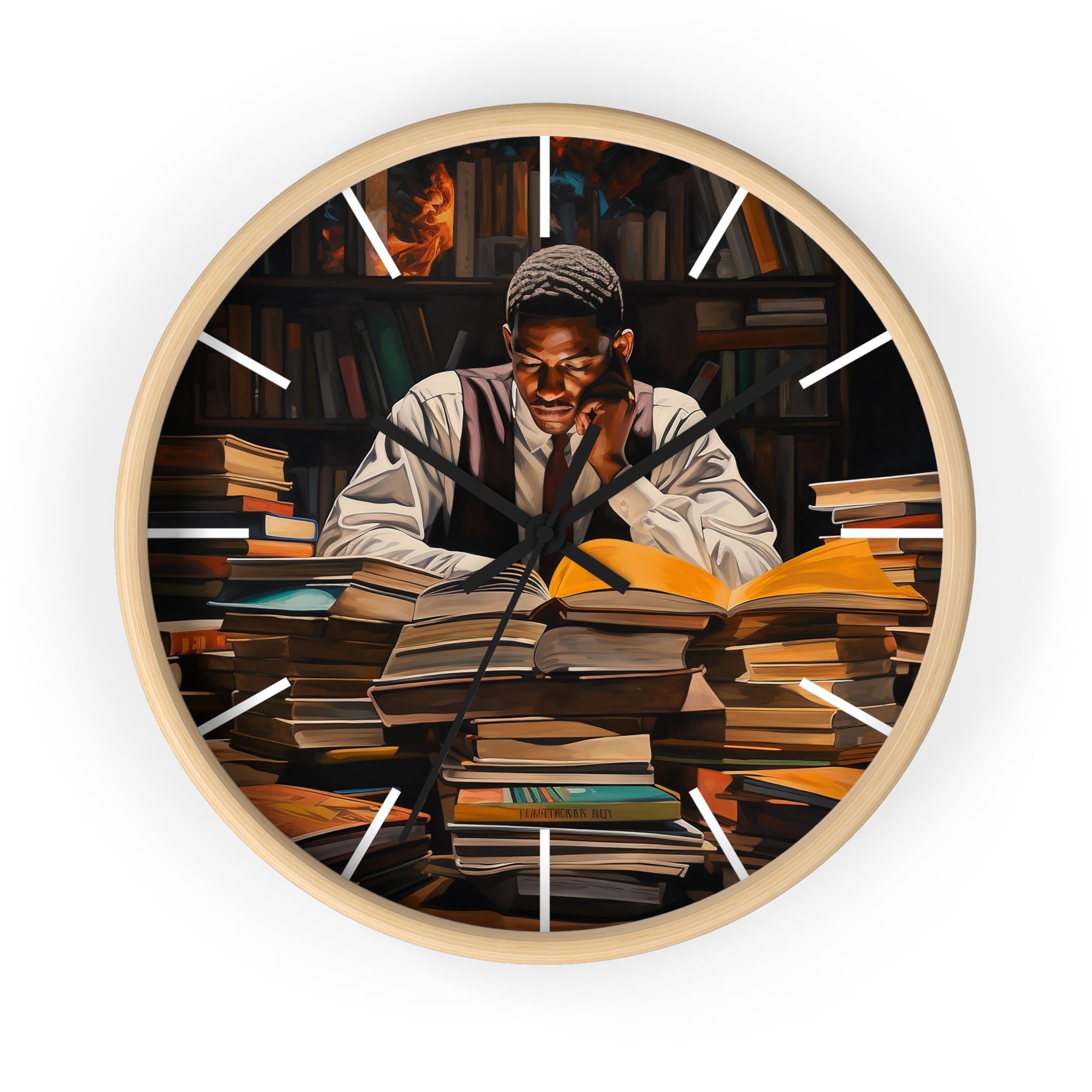 Black Man Law Student Round Wall Clock featuring an African American male scholar studying in a library setting. Afrocentric wall art symbolizing education, focus, and academic excellence.