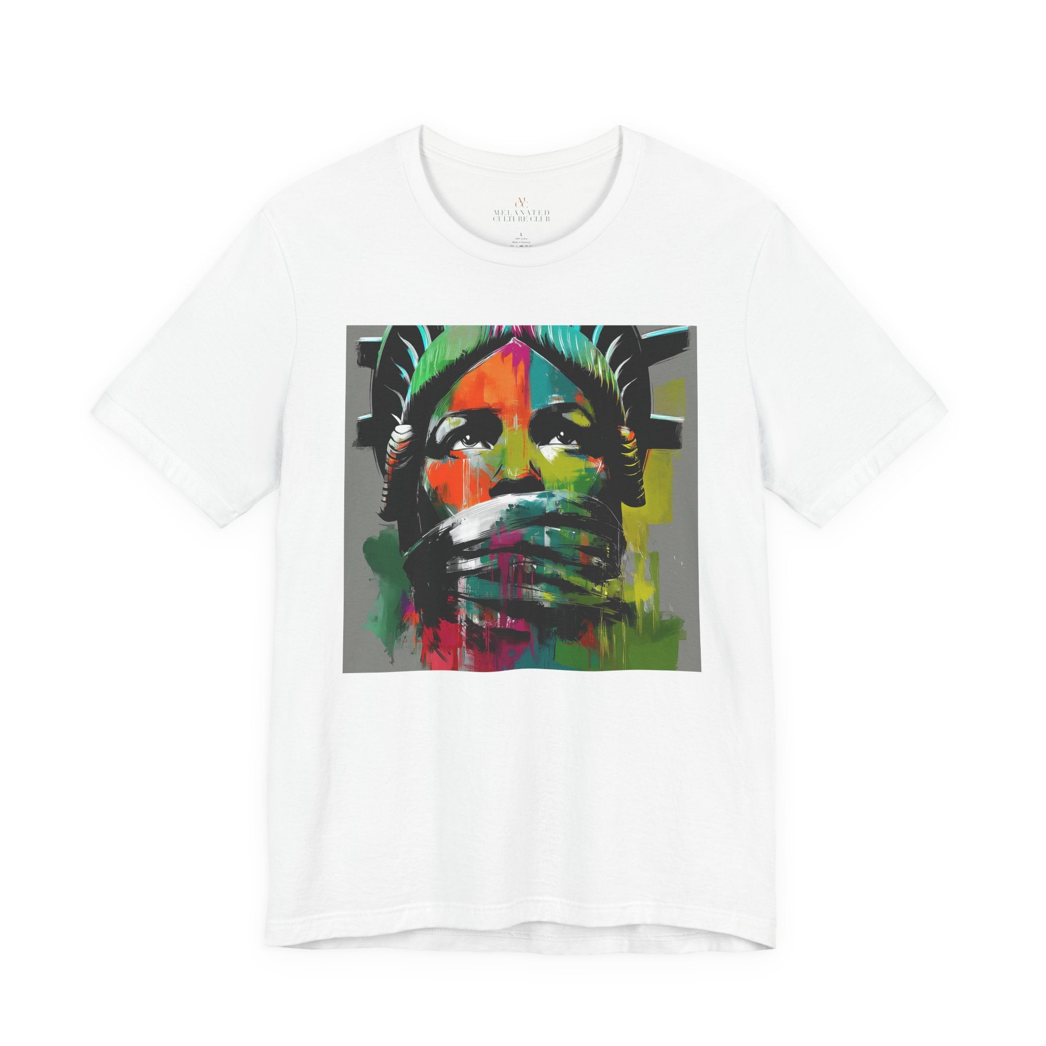 Black woman depicted as Statue of Liberty with mouth covered by white cloth symbolizing silenced freedom of speech First Amendment protest art on tee shirt