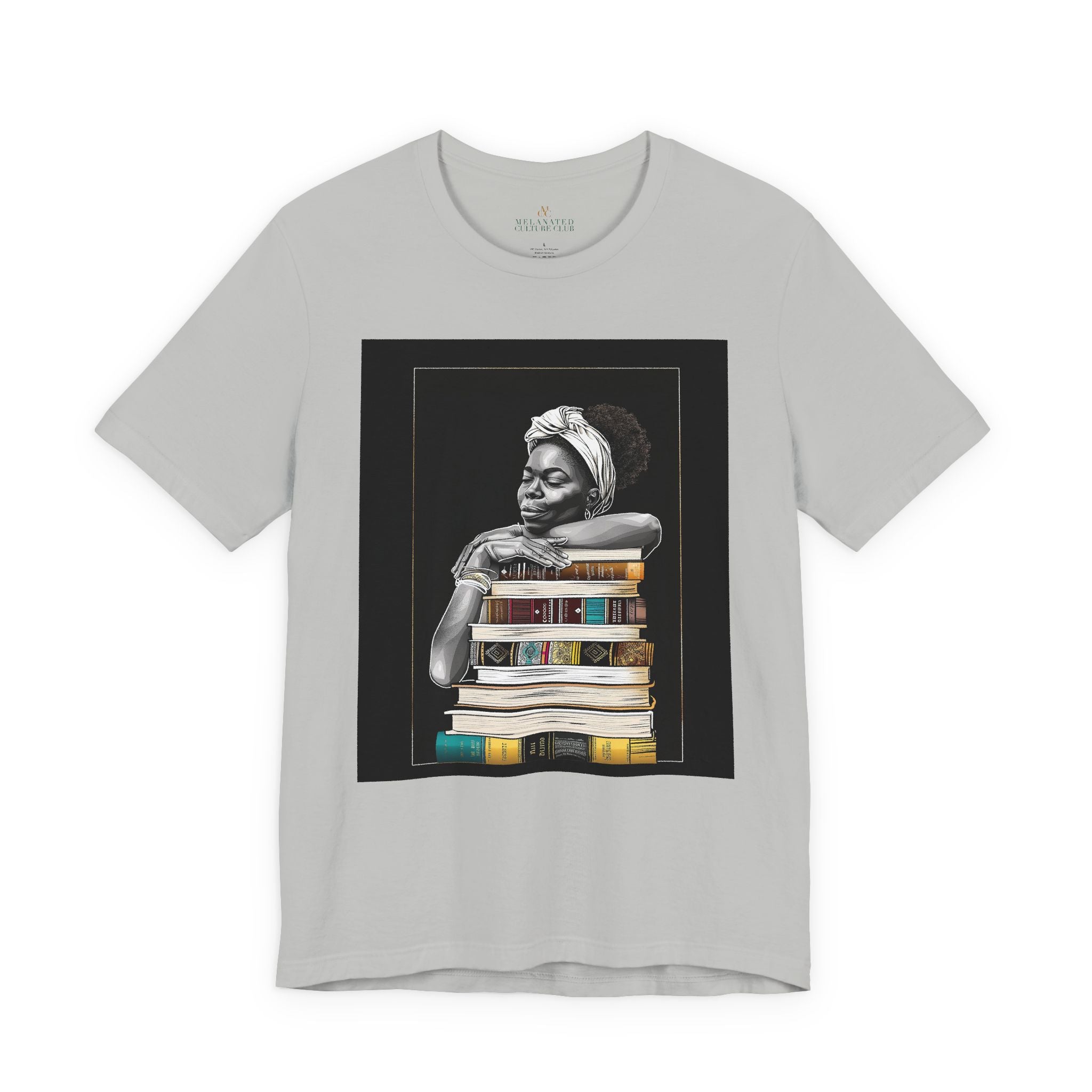 Afrocentric graphic tee shirt featuring a peaceful Black woman embracing a stack of books, symbolizing education, knowledge, freedom, and generational legacy.