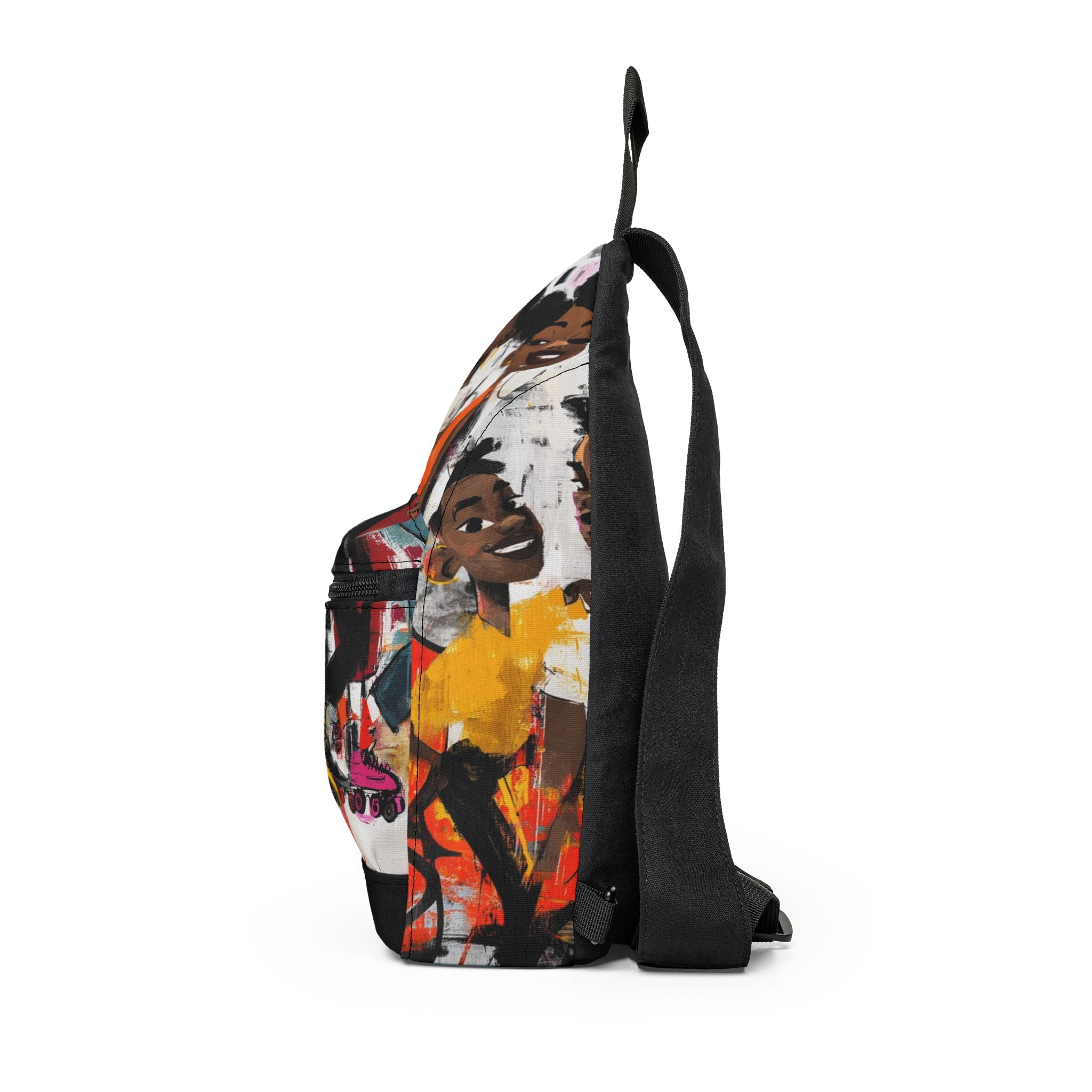 Right side view of an afrocentric crossbody sling bag featuring colorful graffiti-style artwork of joyful Black teen roller skaters.