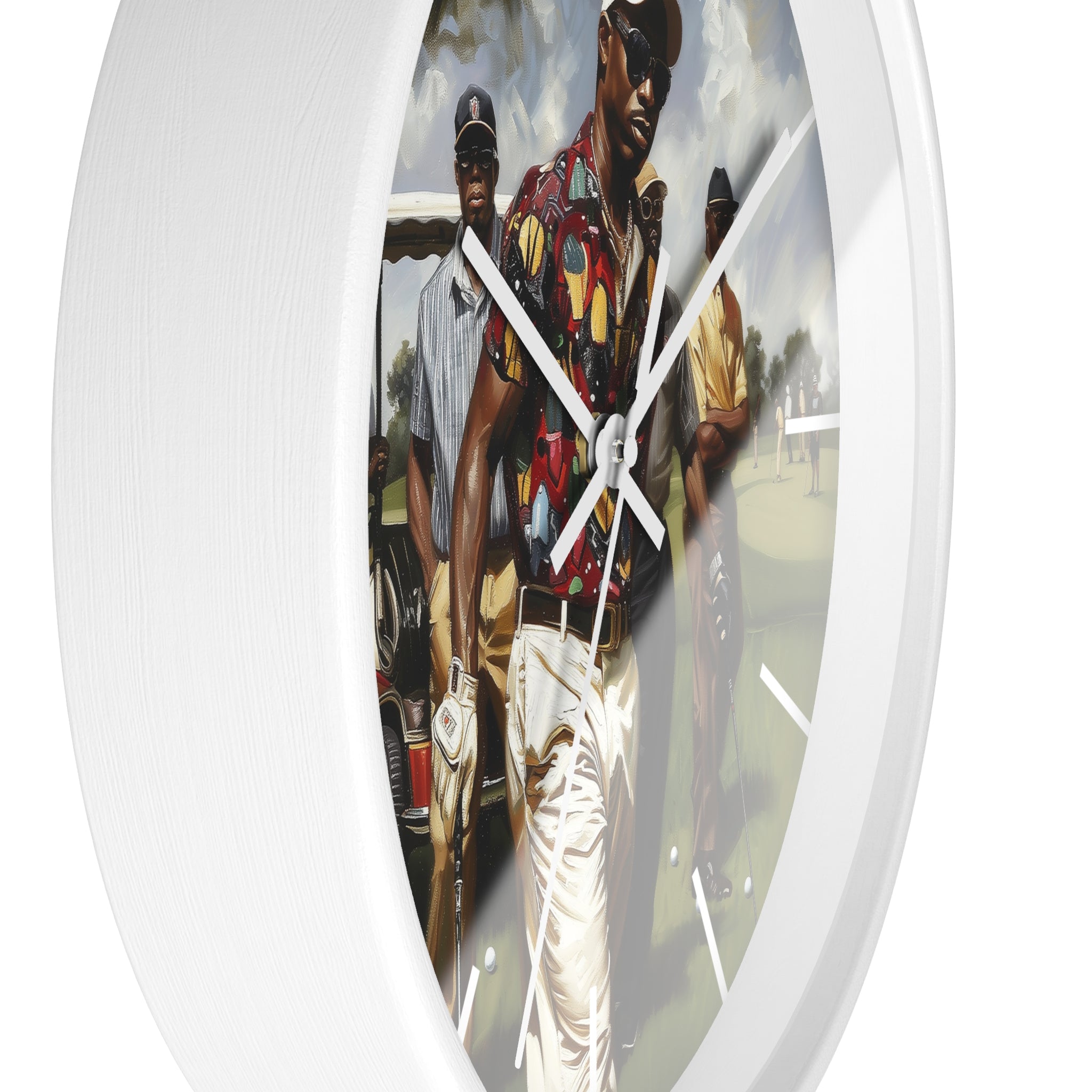 A white round wall clock featuring a printed photographic art print of a man in a colorful patterned shirt and white pants walking outdoors, with white clock hands and minimalist hour markers.