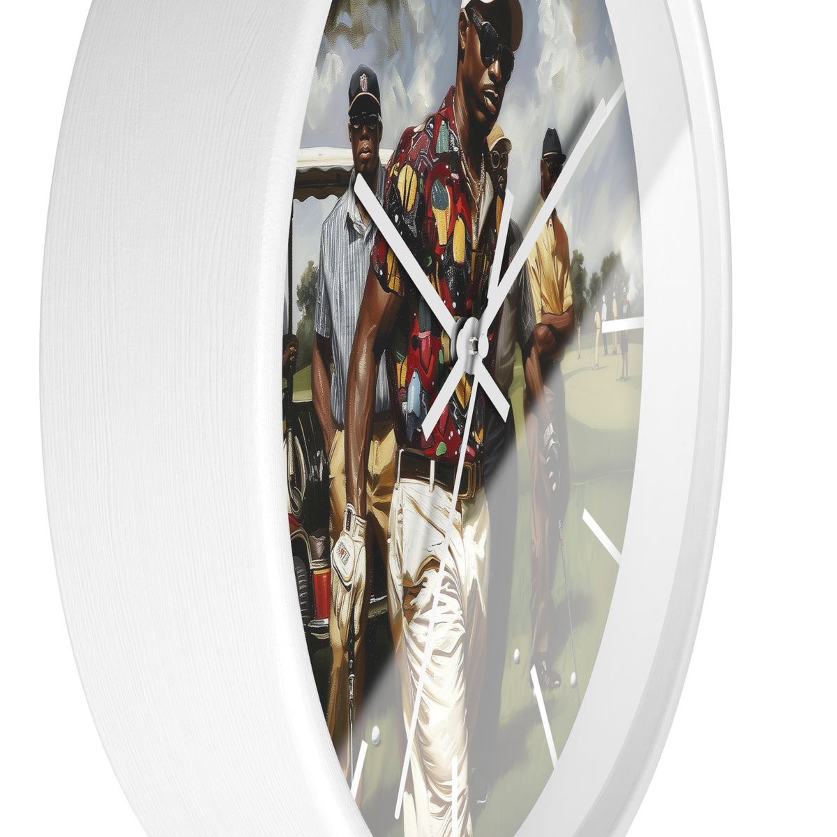 A white round wall clock featuring a printed photographic art print of a man in a colorful patterned shirt and white pants walking outdoors, with white clock hands and minimalist hour markers.