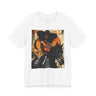 Afrocentric Black cowgirl t-shirt featuring a Black woman riding a stallion in an abstract collage art style, western-inspired graphic tee with cultural and modern aesthetic.