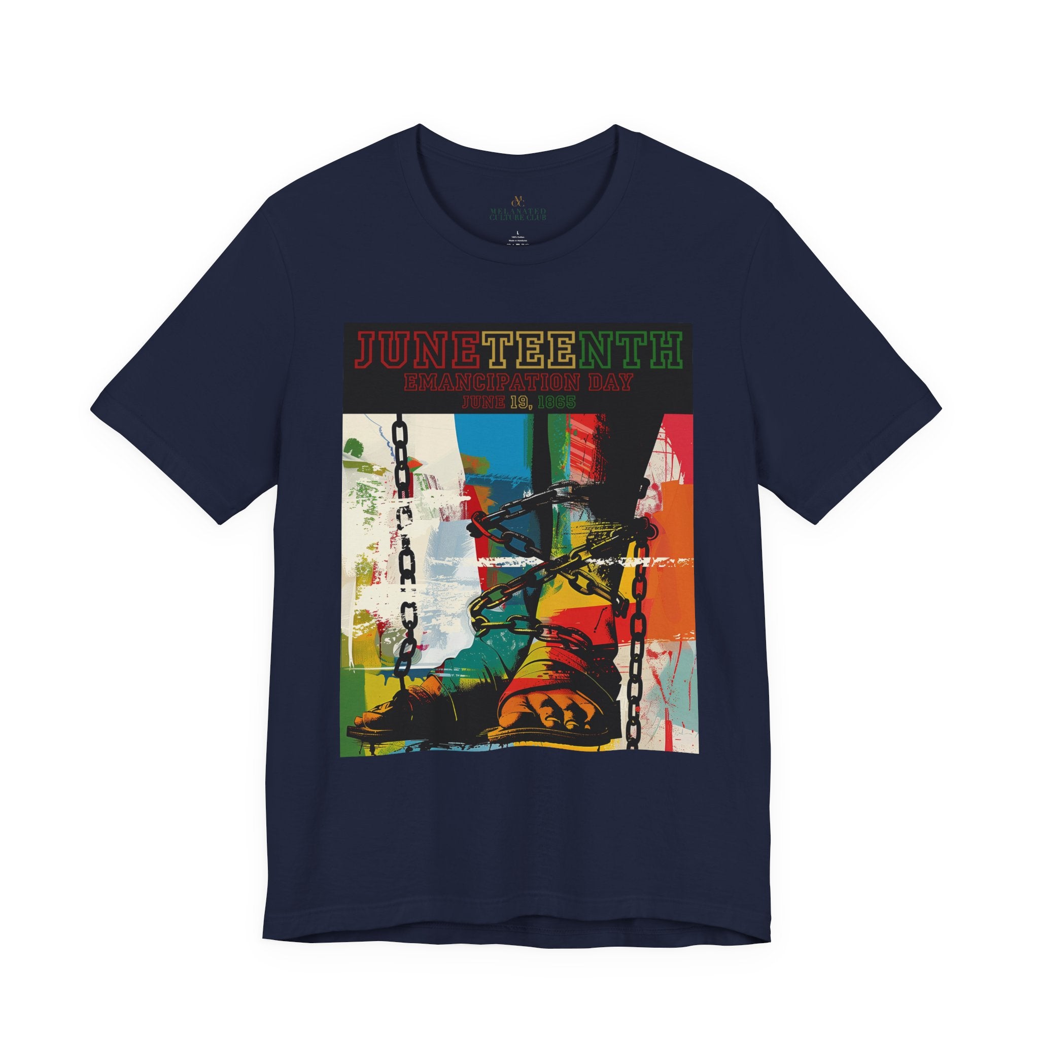 Juneteenth Emancipation Day tee shirt featuring chains wrapped around bare feet symbolizing liberation from slavery, freedom, resilience, and African American history.