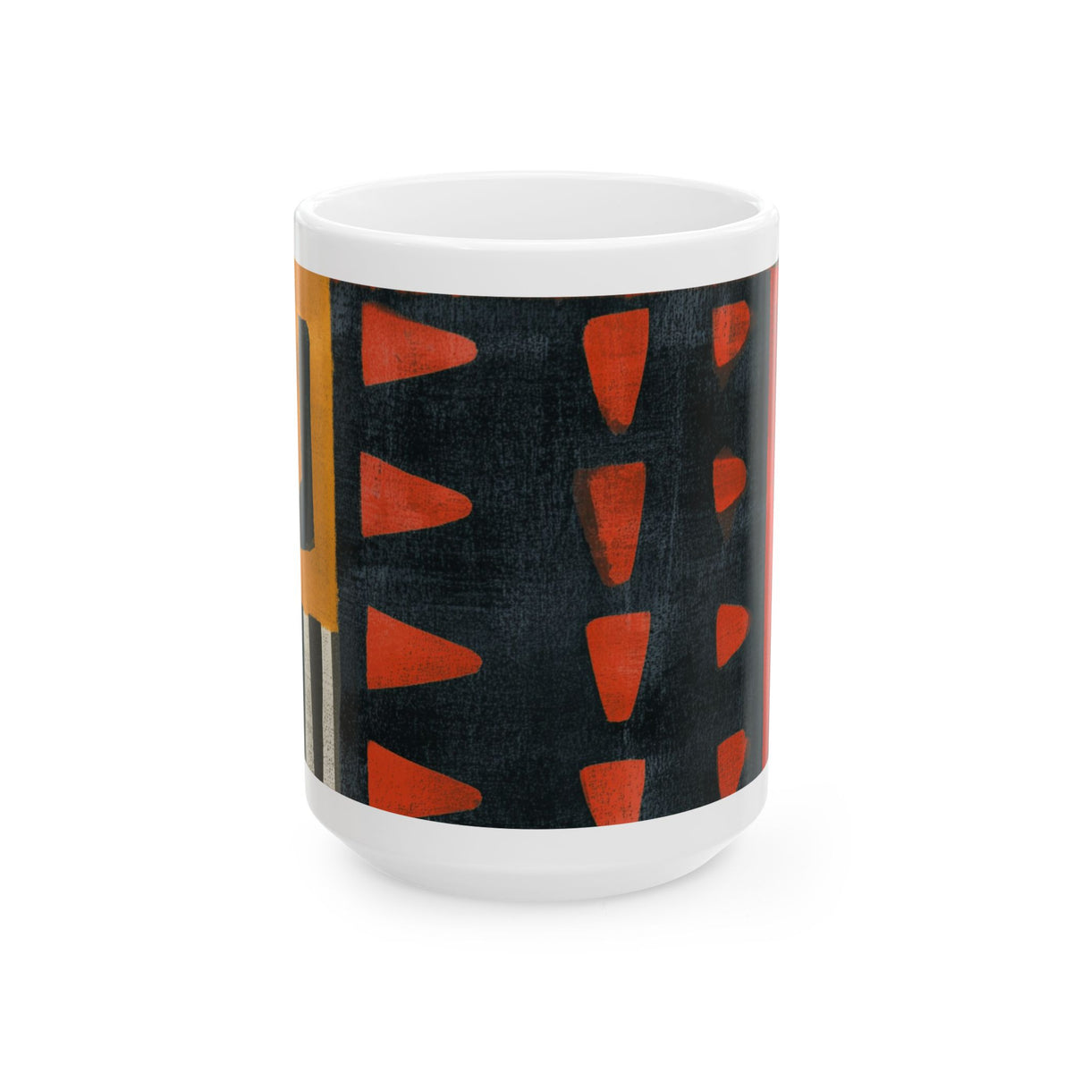 Front handle view of 15 oz Afrocentric abstract coffee mug featuring bold geometric shapes and textured patterns in red, gold, black, and cream, displayed against a white background.
