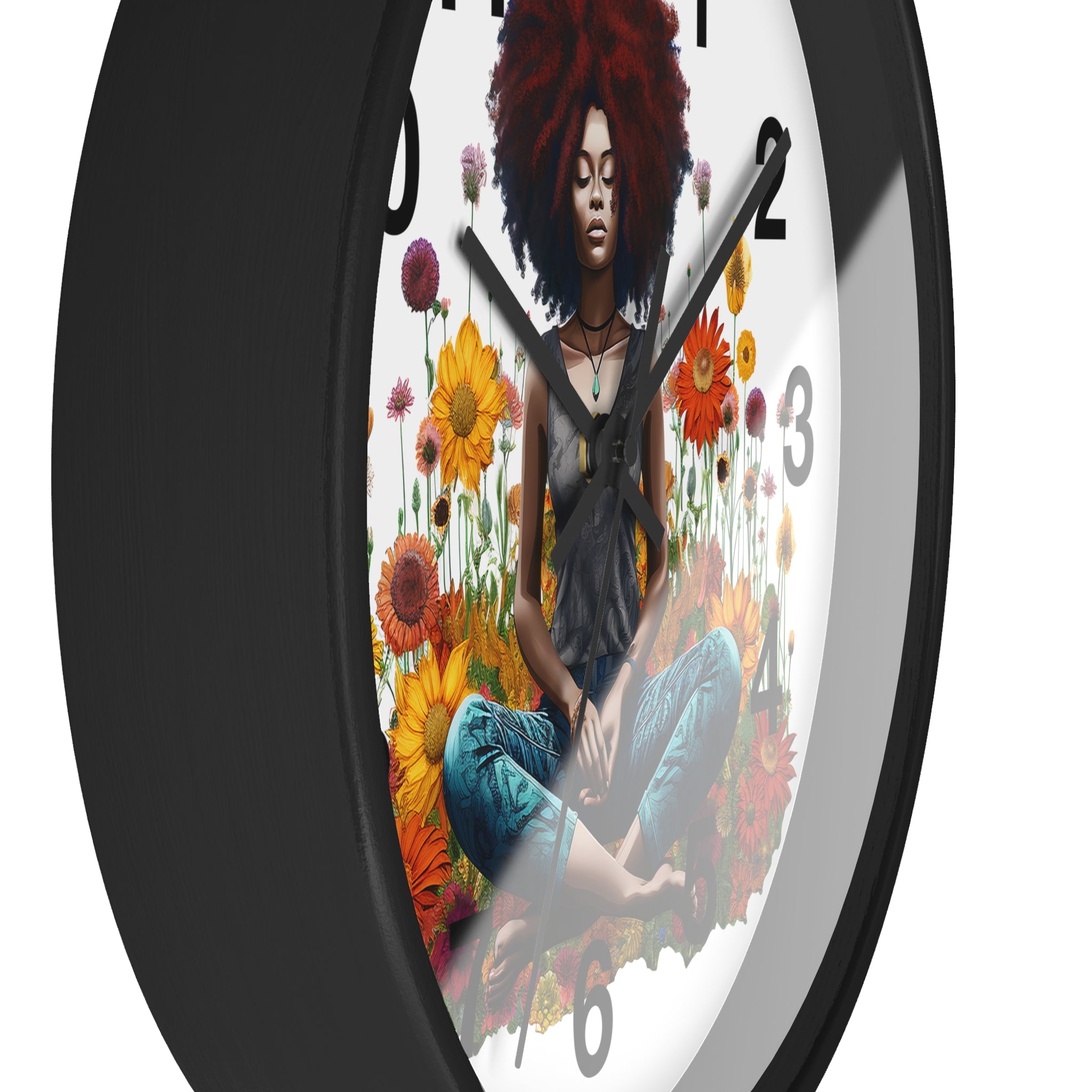 Black Female Yoga Round Wall Clock featuring an Afrocentric woman in meditation pose. Modern Yogi art clock for yoga studio, spa, or peaceful home decor.