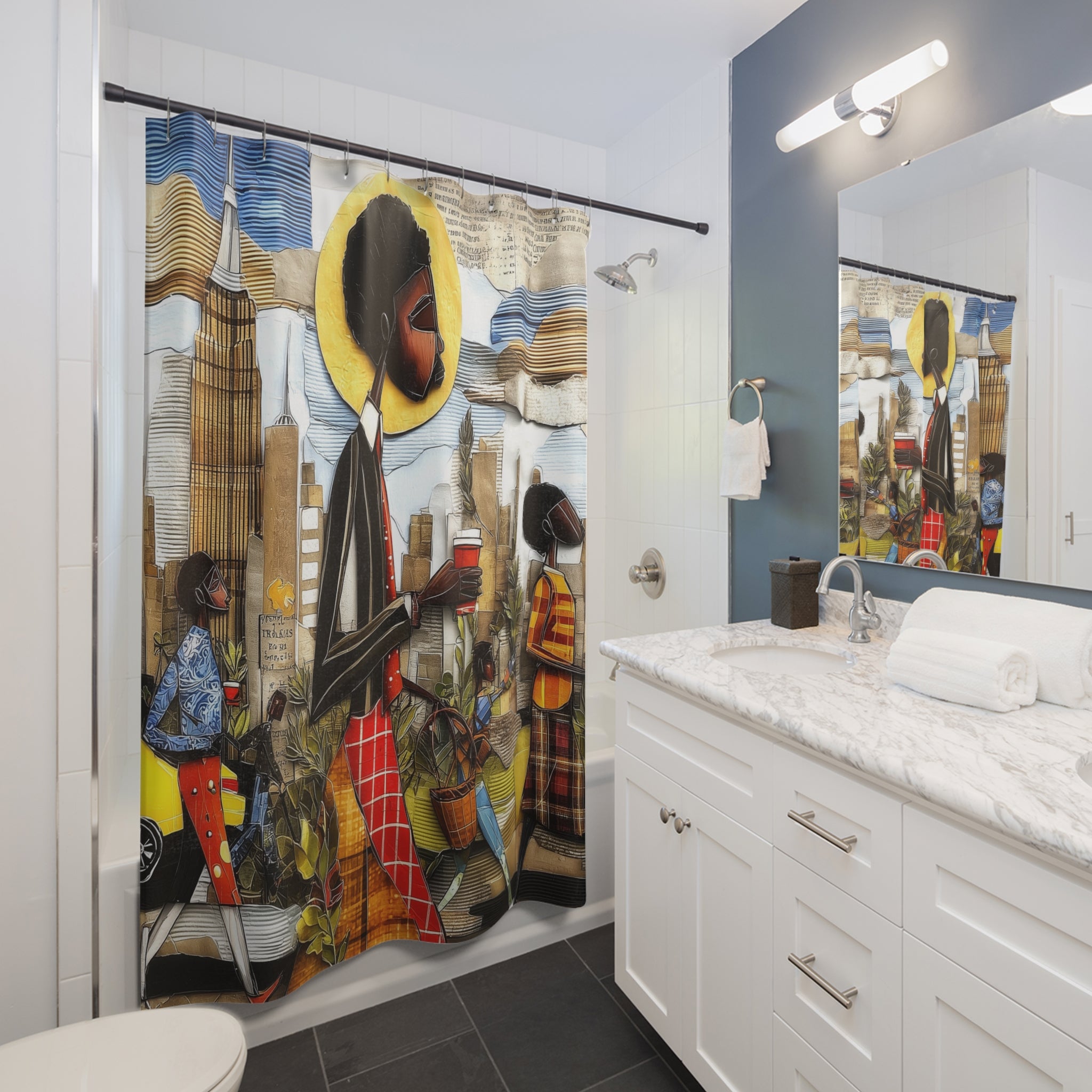 Afrocentric NYC shower curtain featuring Black professionals walking during Manhattan morning rush hour with coffee cups and plants in a modern abstract patchwork style.