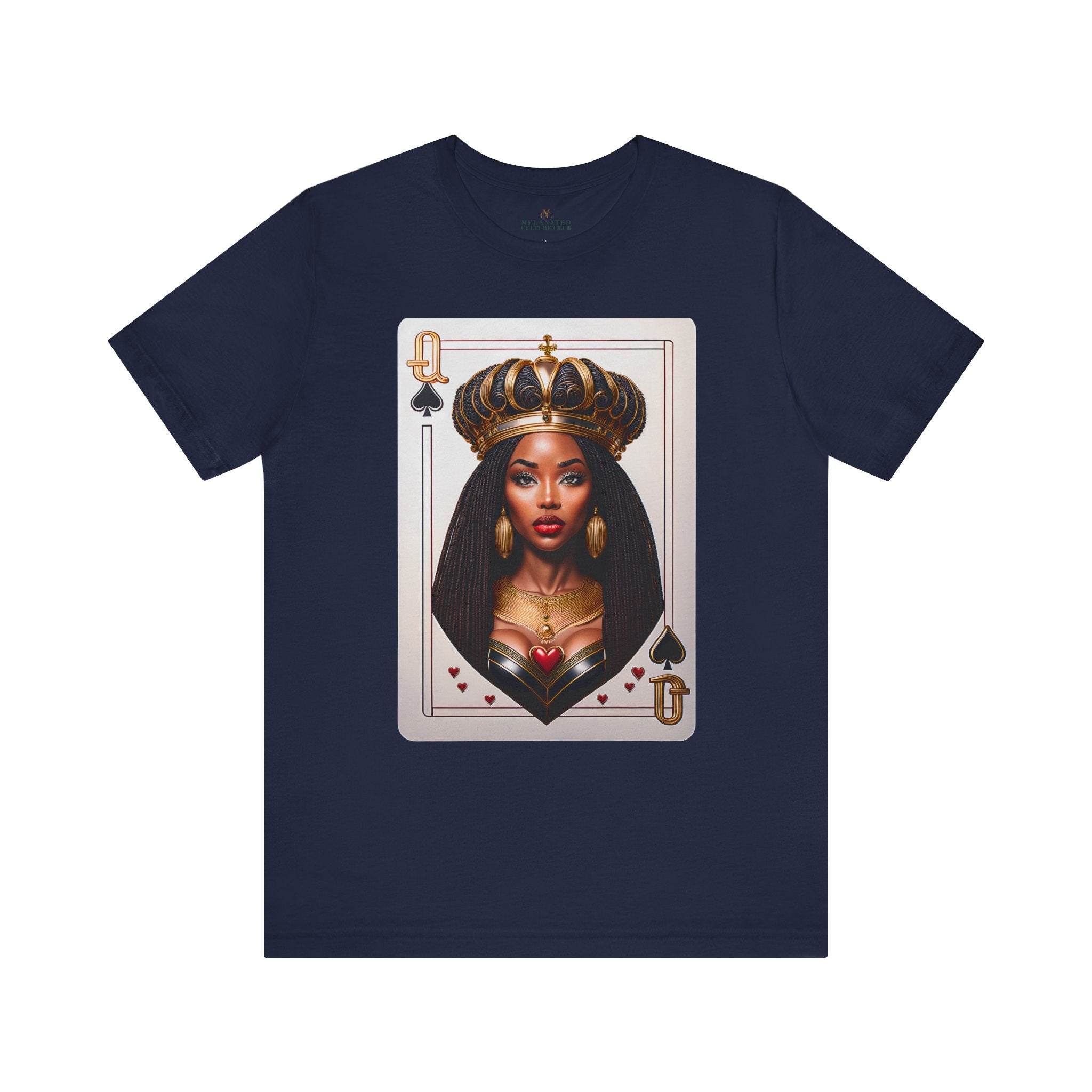 Black Queen of Spades Tee Shirt featuring an illustrated African American woman with an afro and gold crown, styled as the Queen of Spades playing card. Afrocentric vintage-inspired streetwear design in bold red, gold, and black colors.