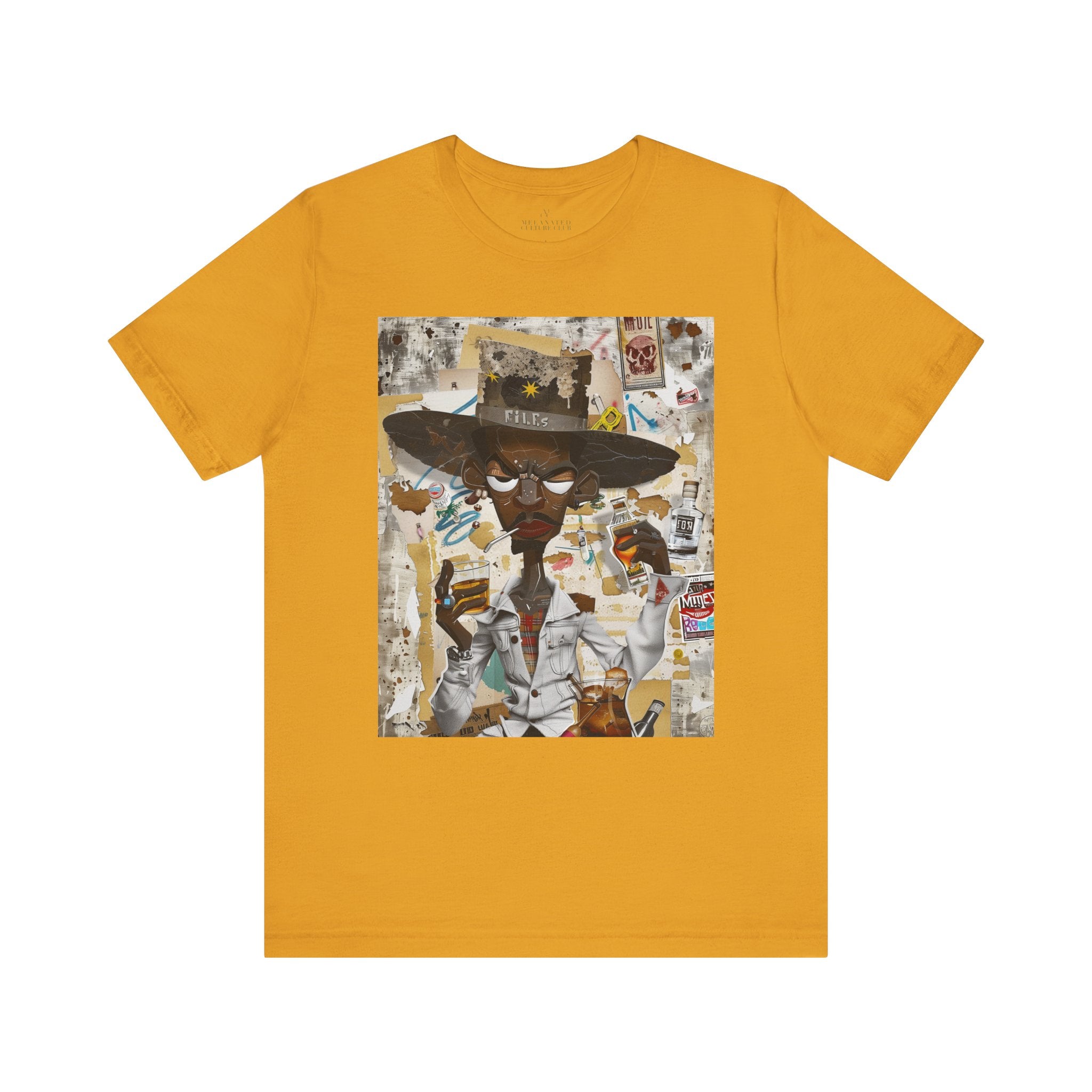 Afrocentric Black Cowboy Tee Cartoon Style Graffiti - Style 08 in mustard