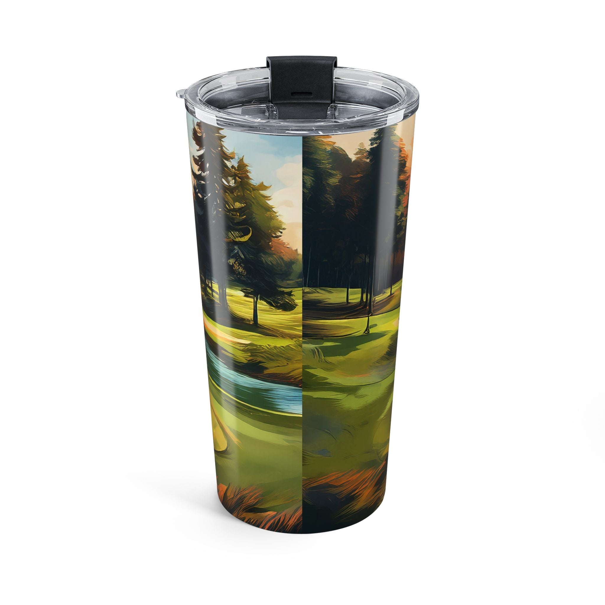 20 oz tumbler with painterly illustration of Black men playing golf on a green course, featuring a clear push-on lid with rubber gasket for hot and cold beverages.