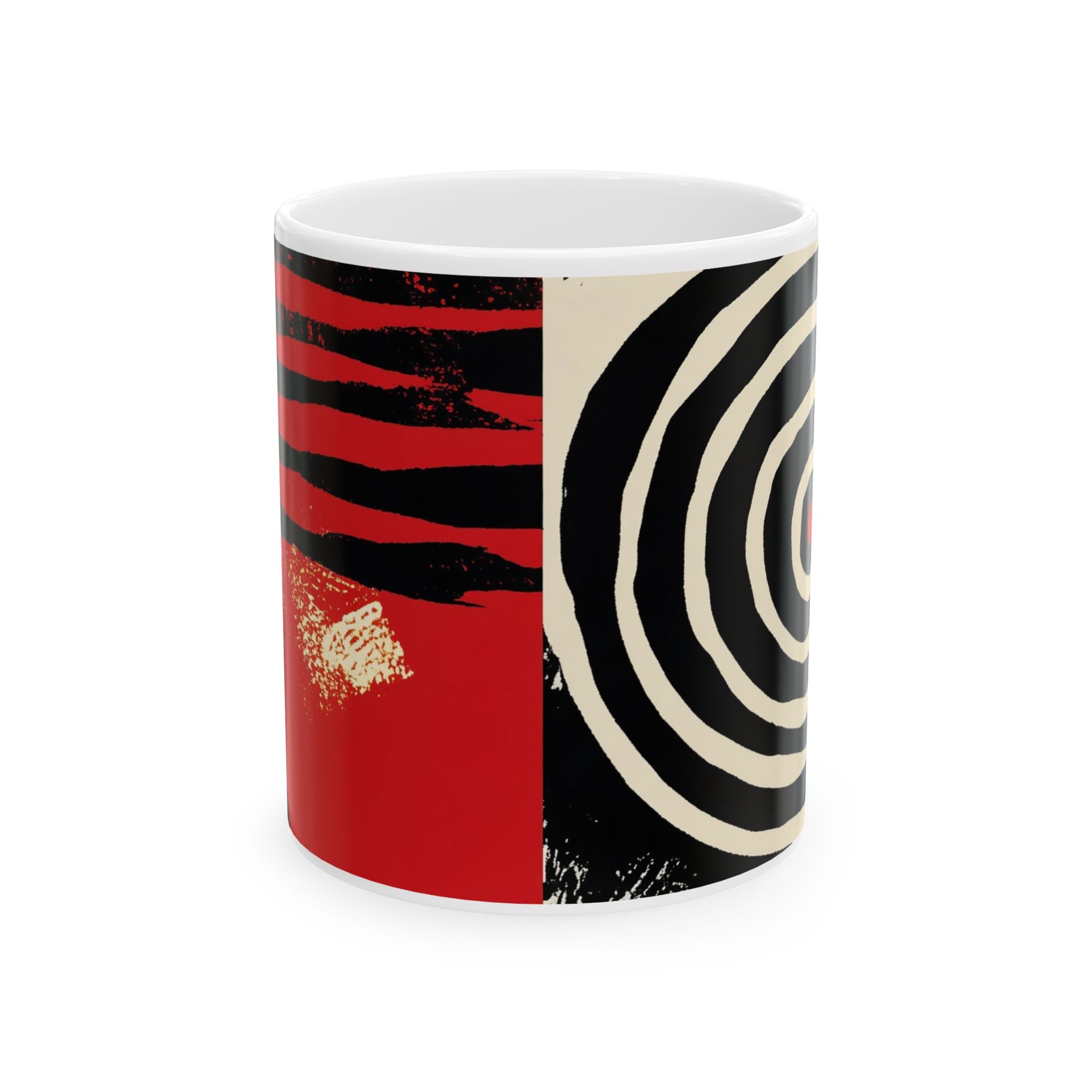 Front view of 11 oz. red, black and cream abstract art coffee mug featuring bold geometric circles, stripes, organic shapes and a Bauhaus-inspired modern design, displayed against a white background.