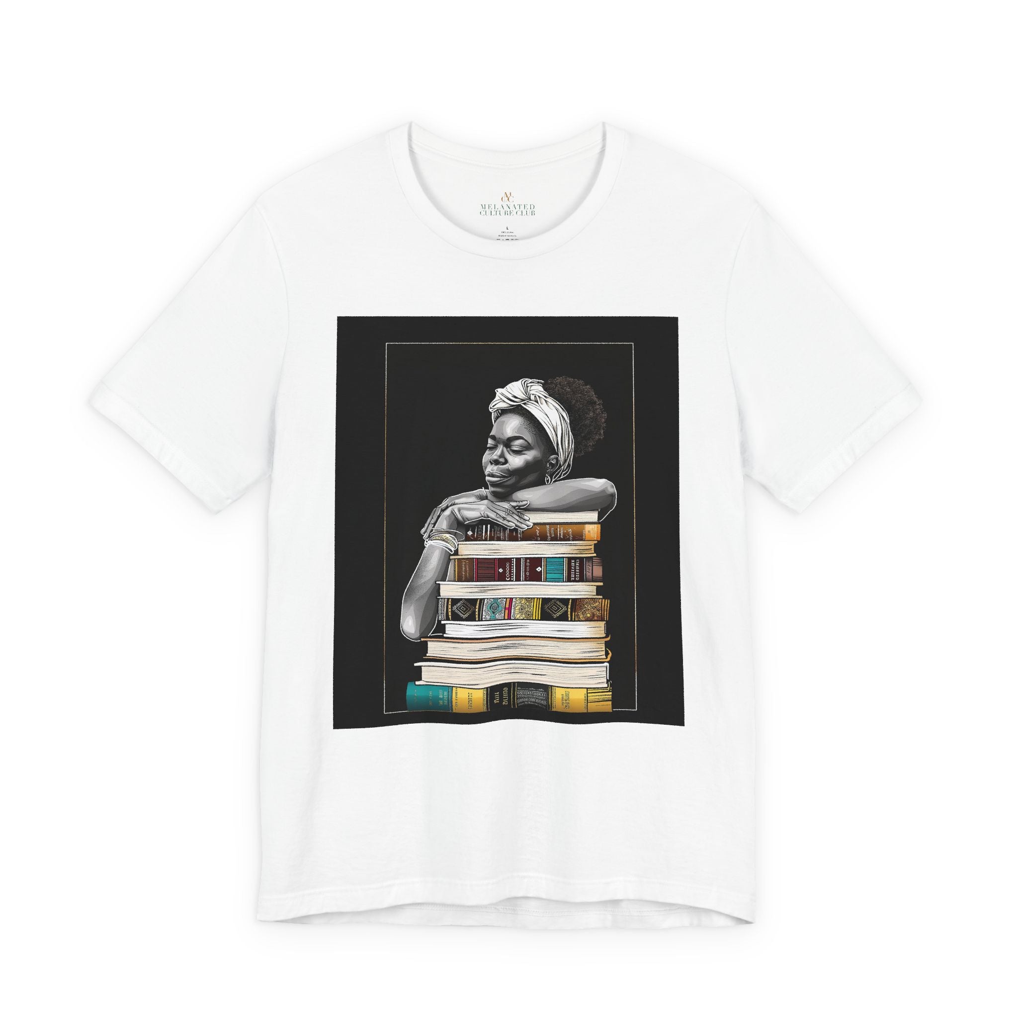 Afrocentric graphic tee shirt featuring a peaceful Black woman embracing a stack of books, symbolizing education, knowledge, freedom, and generational legacy.