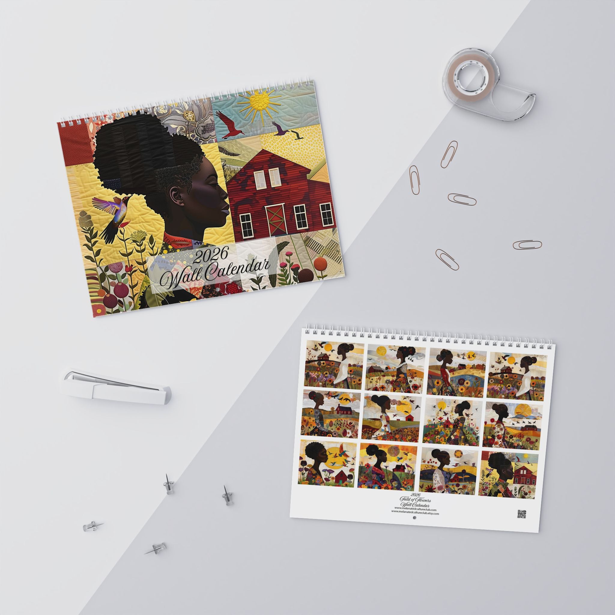2026 Field of Flowers Wall Calendar featuring Afrocentric art of African American women in fields of wildflowers, created in a 3D quilt-like patchwork illustration style. (11 in. x 8.5 in.)
