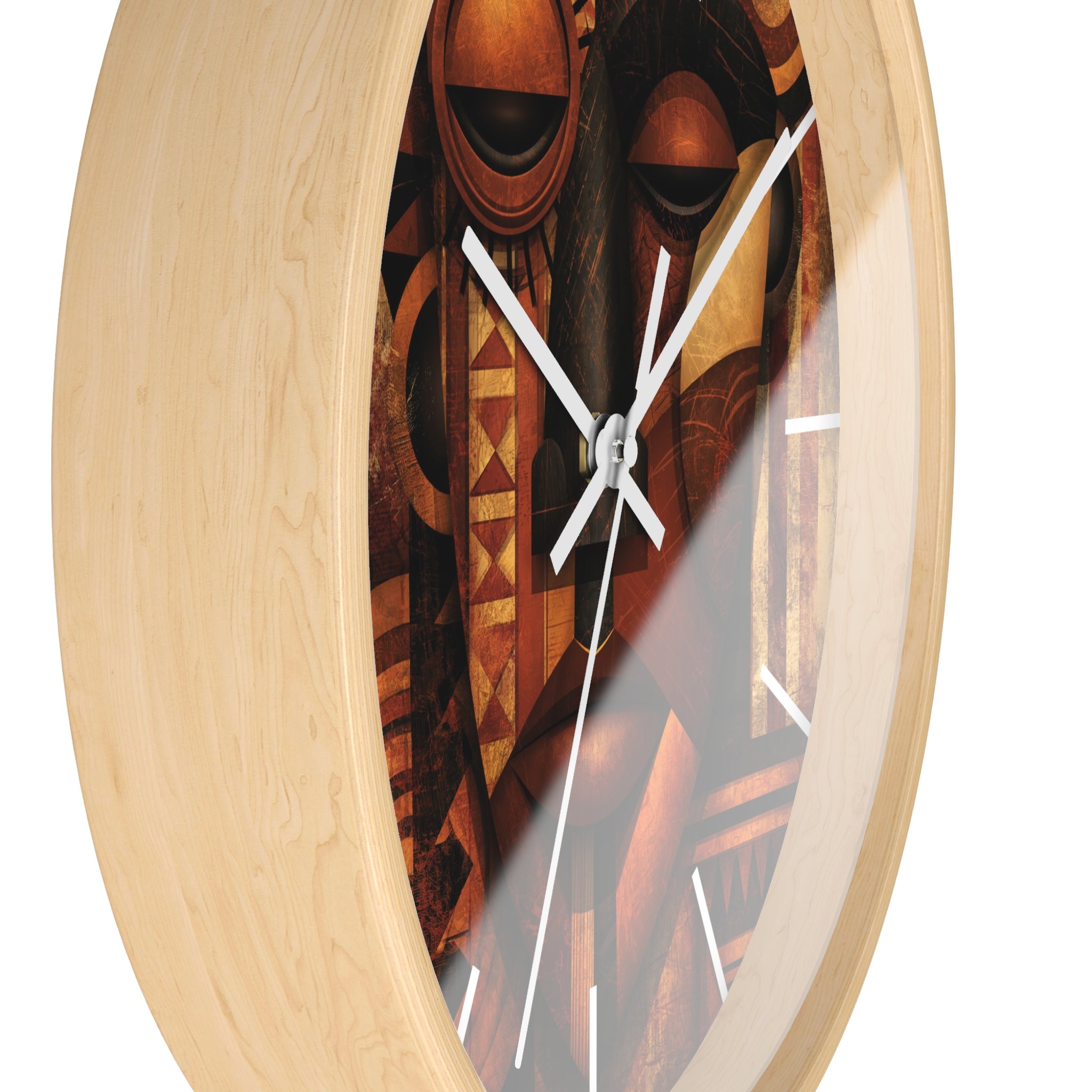 Side view of faux oak wood round wall clock with white time markings and white clock hands, featuring an abstract African-inspired mask face with geometric shapes, circular patterns, and textured details in terracotta, burnt orange, bronze, black, and warm gold tones, displayed against a white background.
