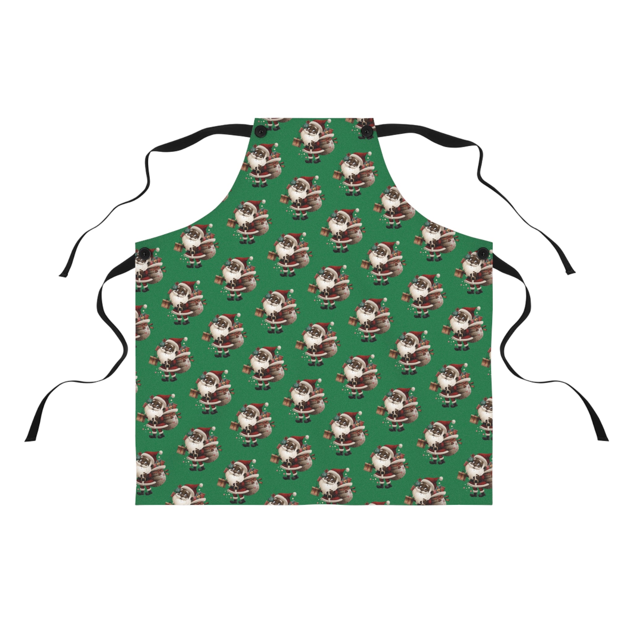 Black Santa Kitchen Apron featuring African American Santa Claus carrying a bag full of Christmas gifts.  Festive holiday kitchen apron perfect for Christmas cooking, baking, and family dinners.