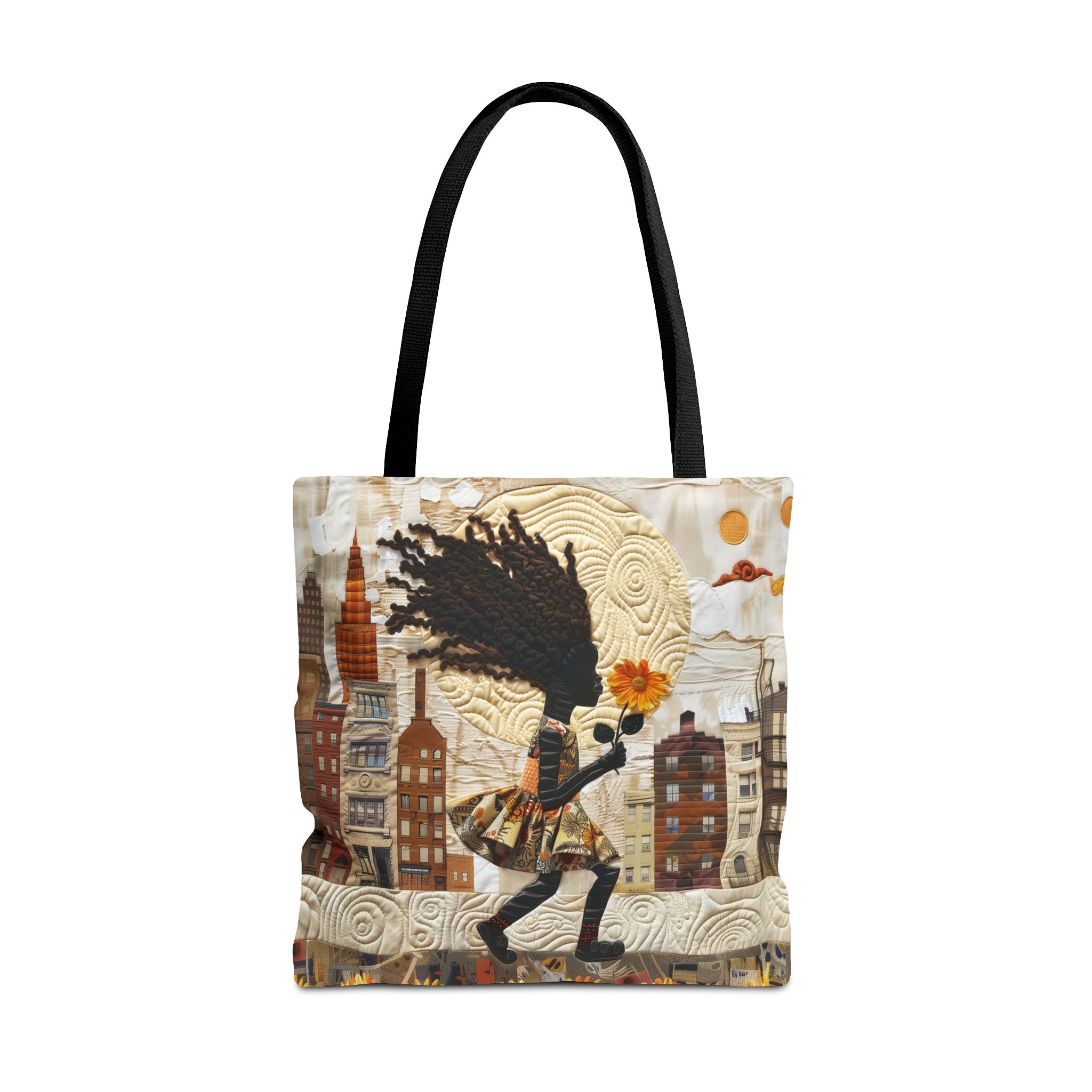 18"x18" Afrocentric faux quilt collage tote bag with a textured 3D-inspired design featuring a young Black girl carrying a bright yellow sunflower while walking through Harlem with long braids blowing in the wind. Historic Harlem brownstones and New York City architecture appear in the background.