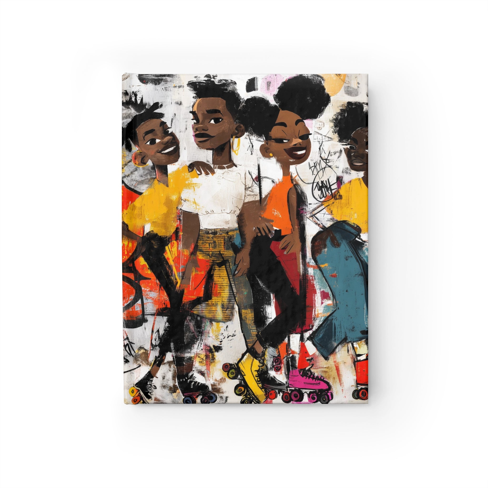 Front of hardcover journal featuring cartoon style Black teens roller skaters, journal against a white background.