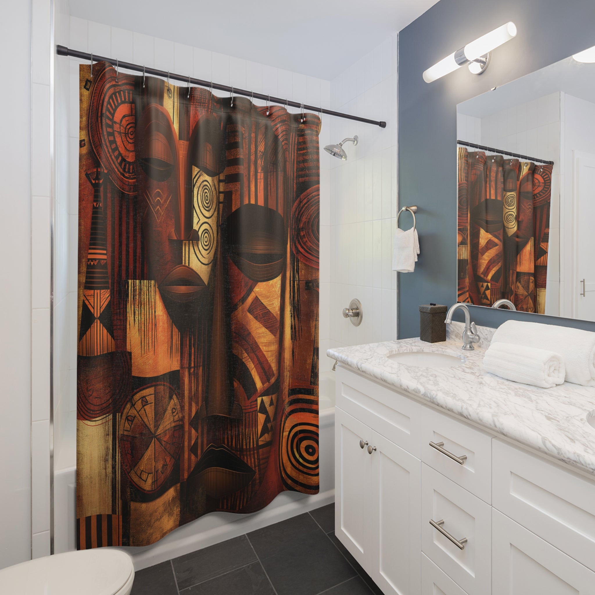 African Mask Abstract Shower Curtain hanging on a straight shower curtain rod.