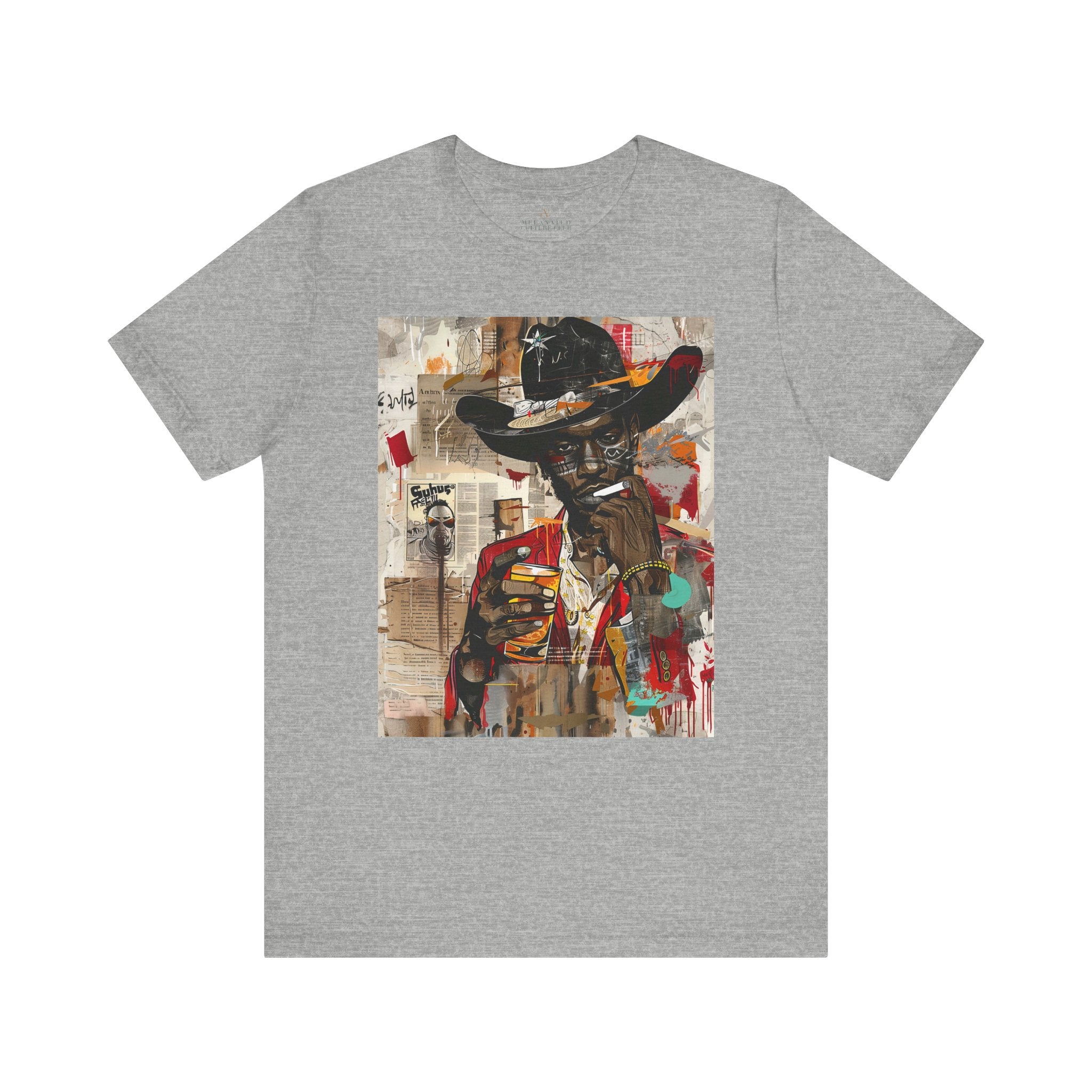 Black Cowboy Unisex Tee Pop Art Collage Edgy Graffiti Style Shirt in athletic heather - Style 01.