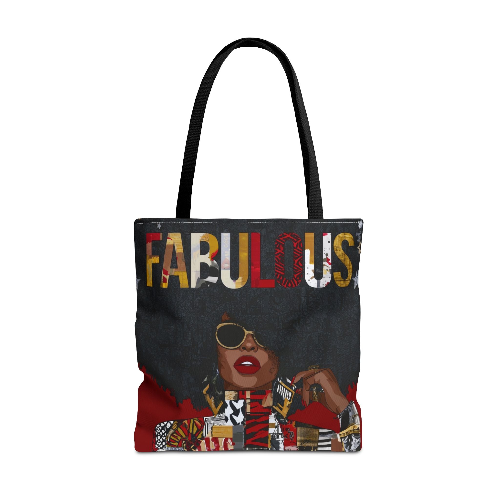 Fabulous Black woman tote bag featuring an abstract Afrocentric female portrait in colorful pop art and graffiti style with the word Fabulous in large graphic letters, hanging from the edge of a board.  Placed against a white background.