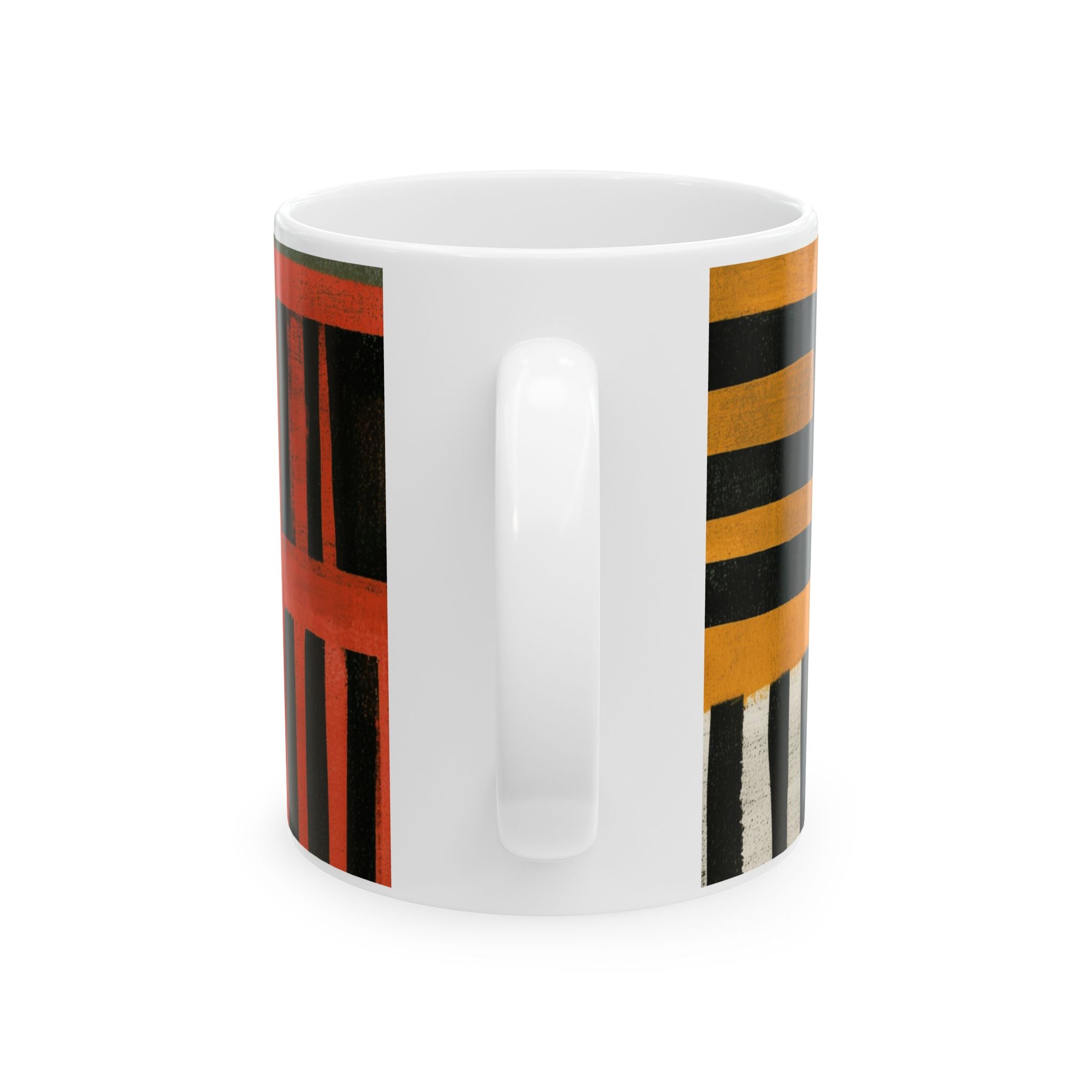 Back view of 11 oz Afrocentric abstract coffee mug featuring bold geometric shapes and textured patterns in red, gold, black, and cream, displayed against a white background.
