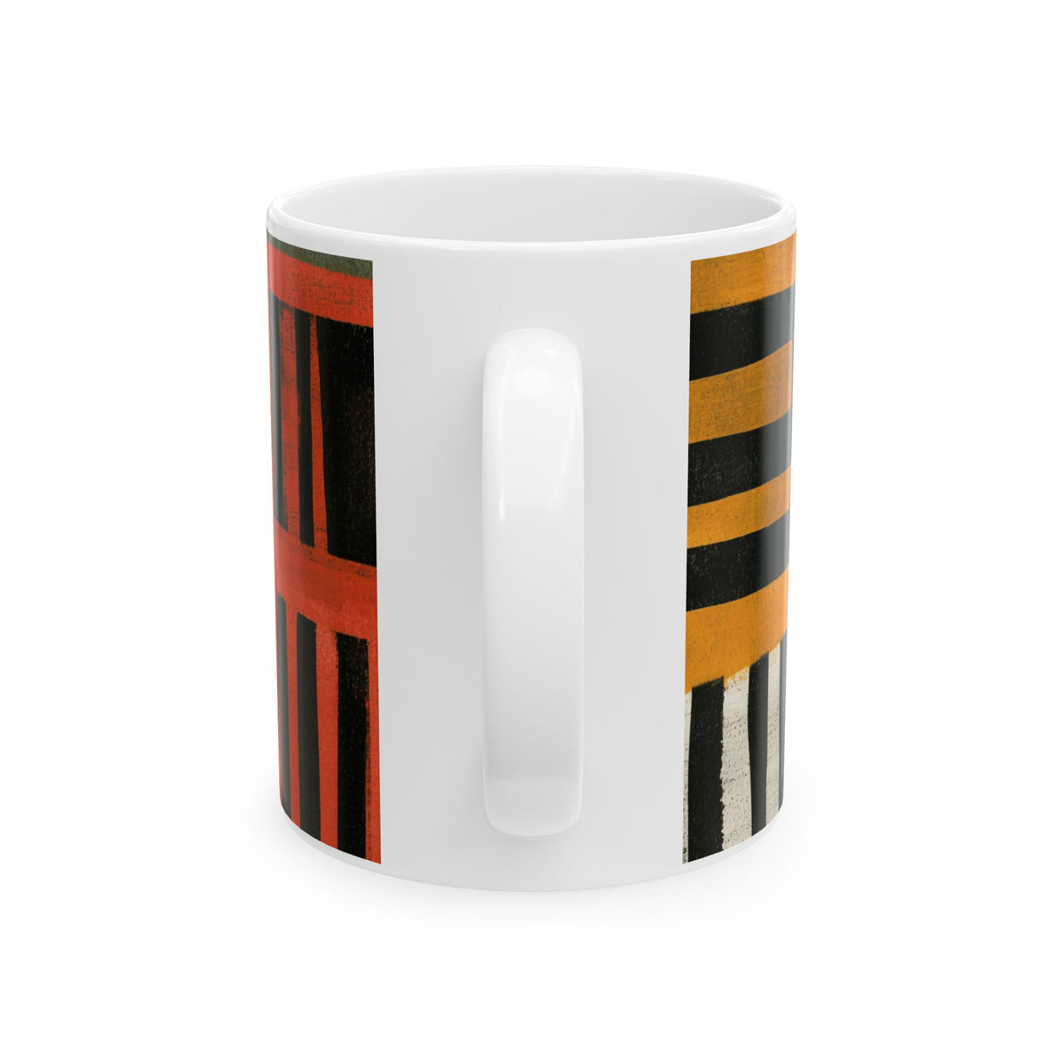 Back view of 11 oz Afrocentric abstract coffee mug featuring bold geometric shapes and textured patterns in red, gold, black, and cream, displayed against a white background.