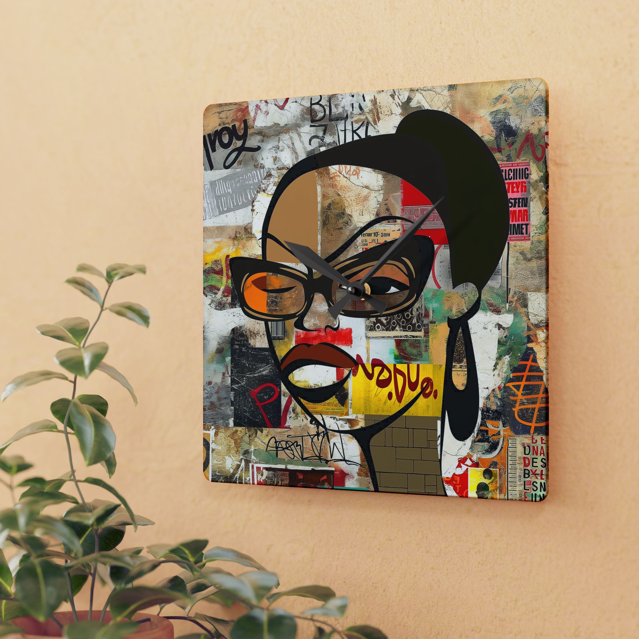 Boss Babe Black Girl Acrylic Wall Clock featuring a cartoon-style Black woman named Markeisha in a bold graffiti art design. Afrocentric modern wall decor celebrating Black girl magic, style, and empowerment.