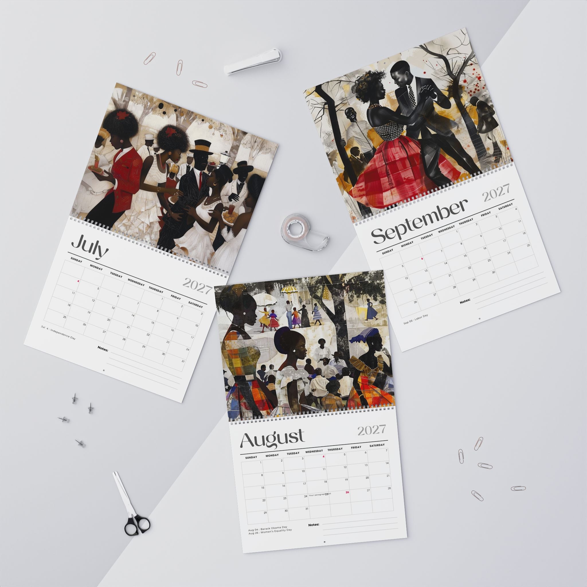 Picnic in the Park featuring the monthly calendar pages for July, August and September 2027 are arranged on a light gray surface with small stationery props around them.