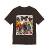Abstract graffiti-style cartoon illustration of Black roller skaters dancing and skating at a roller rink, featuring vibrant colors, urban street art influences, and Afrocentric cultural themes on a unisex graphic tee shirt.