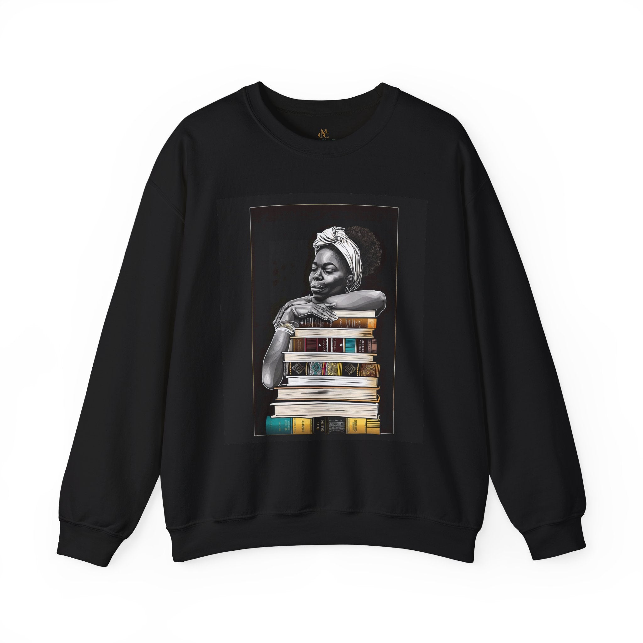 Afrocentric unisex sweatshirt featuring a Black woman embracing books. Cozy crewneck celebrating education, knowledge, freedom, and generational legacy.