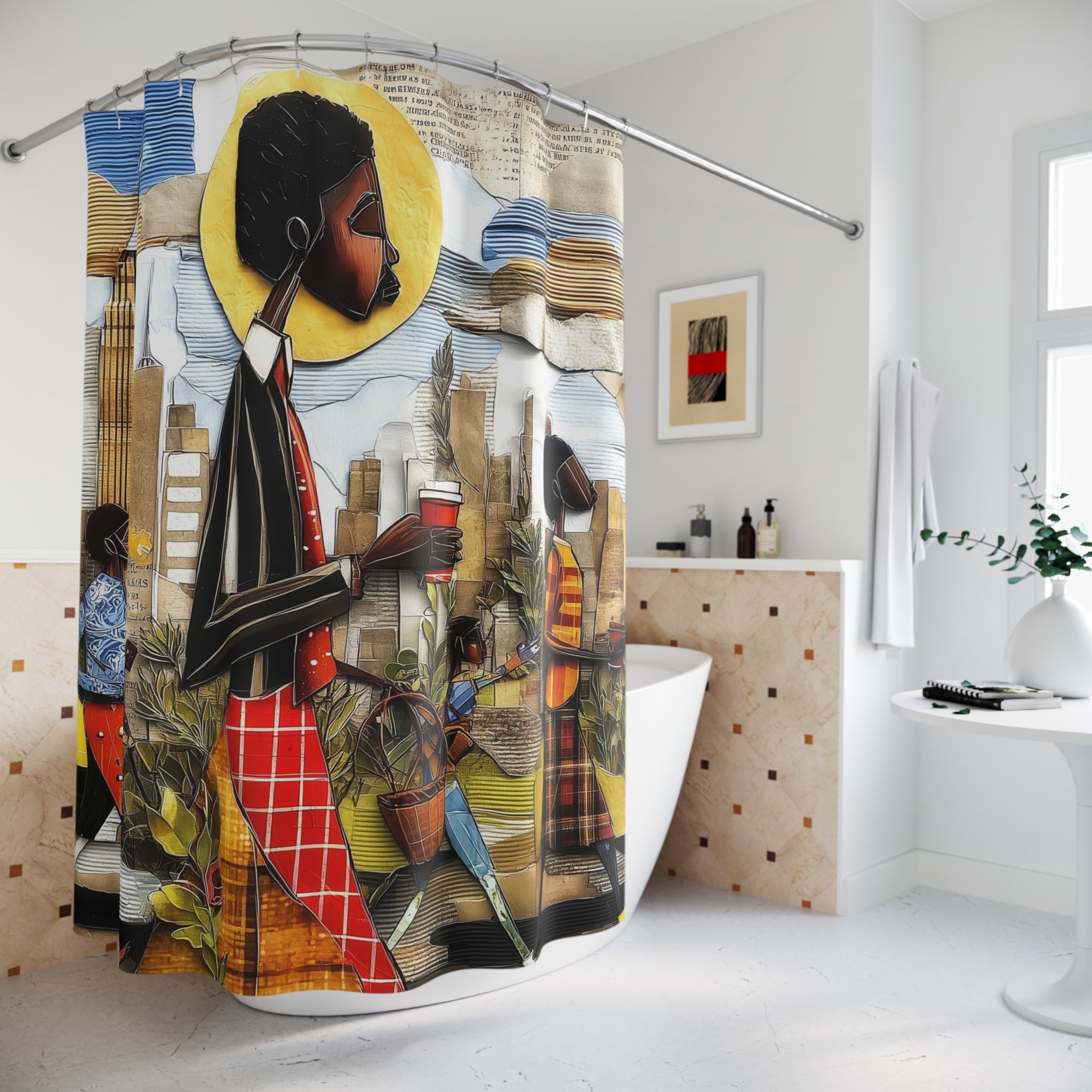 Afrocentric NYC shower curtain featuring Black professionals walking during Manhattan morning rush hour with coffee cups and plants in a modern abstract patchwork style.