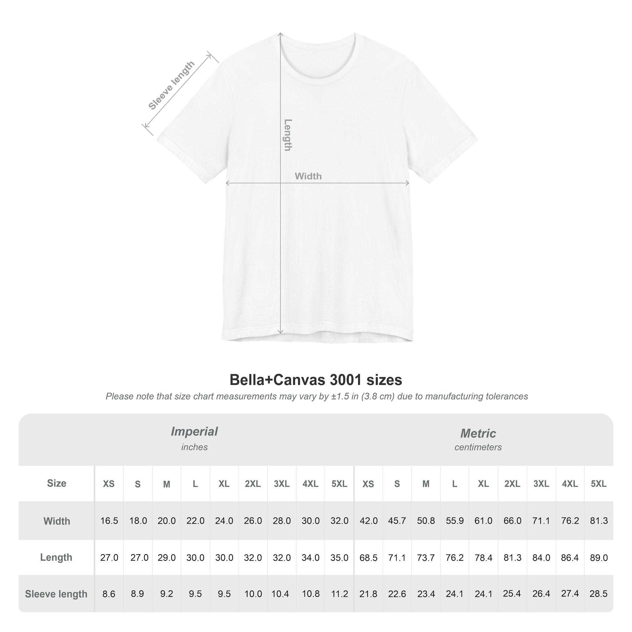White t-shirt with Bella+Canvas 3001 measurement chart on a white background